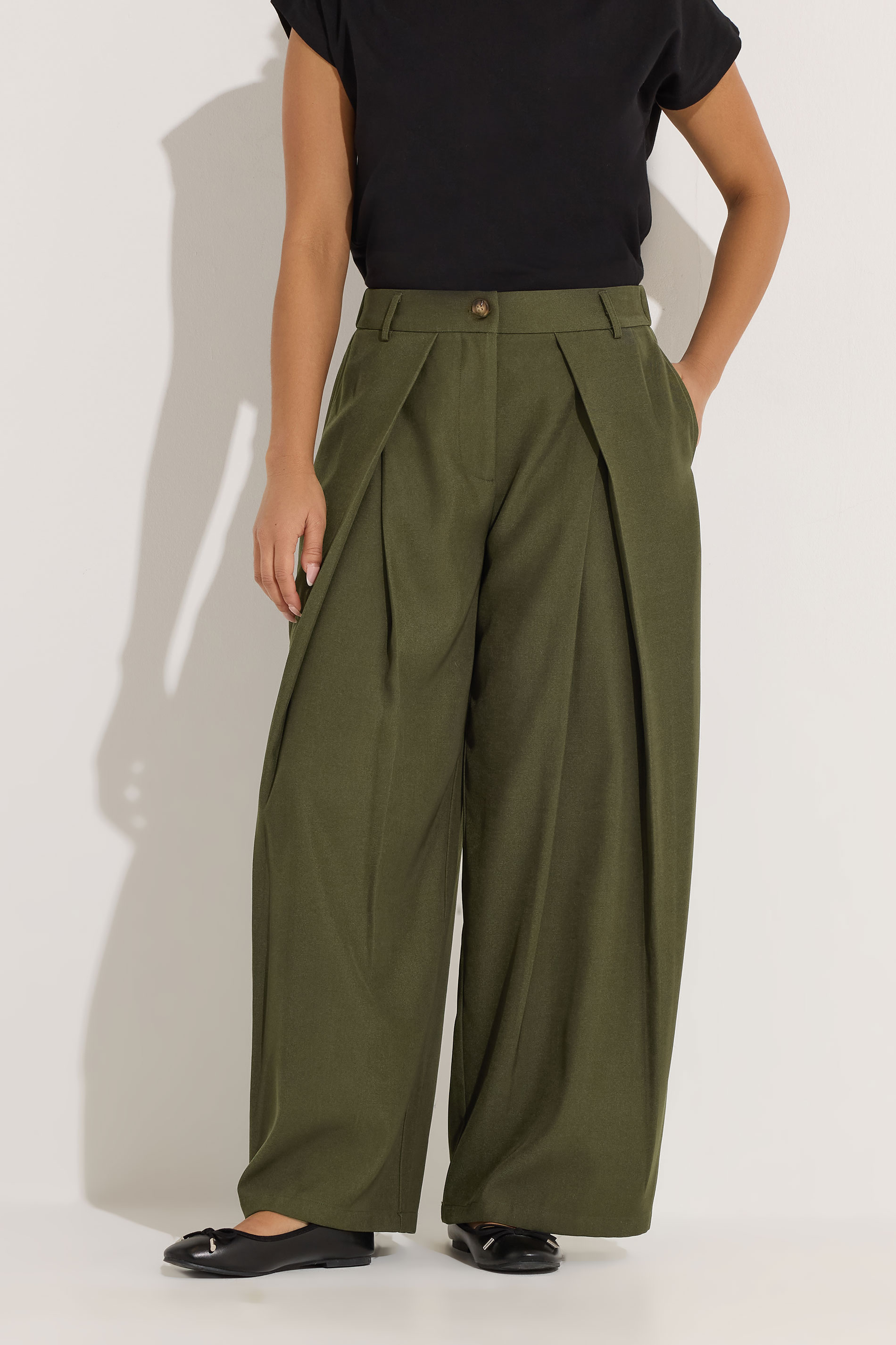PixieGirl Petite Women's Olive Green Wrap Pleated Wide Leg