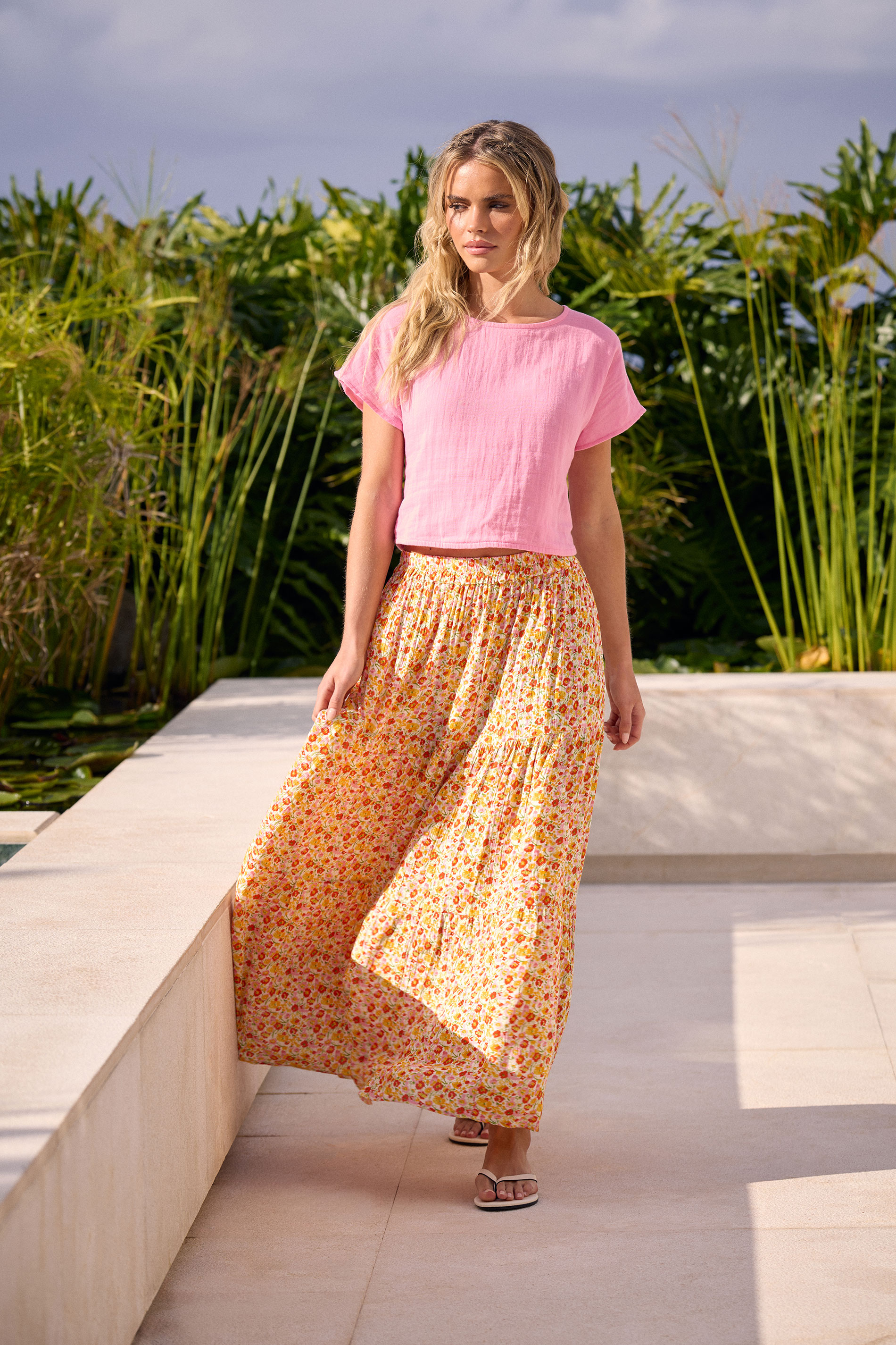 PixieGirl Petite Women's Orange Ditsy Floral Tiered Maxi Skirt | PixieGirl 1