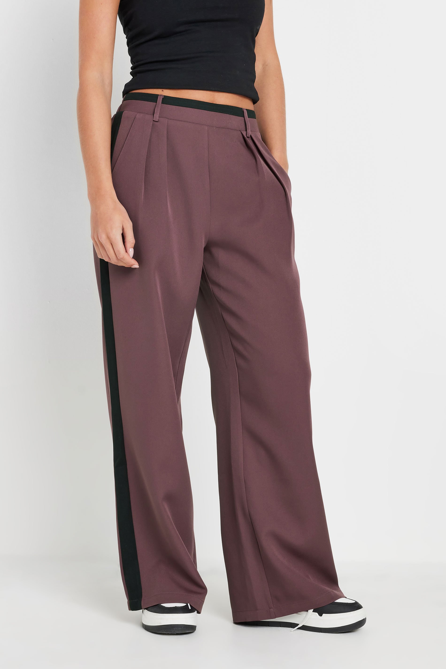 PixieGirl Petite Women's Purple Side Stripe Contrast Waist Wide Leg Trousers | PixieGirl 2