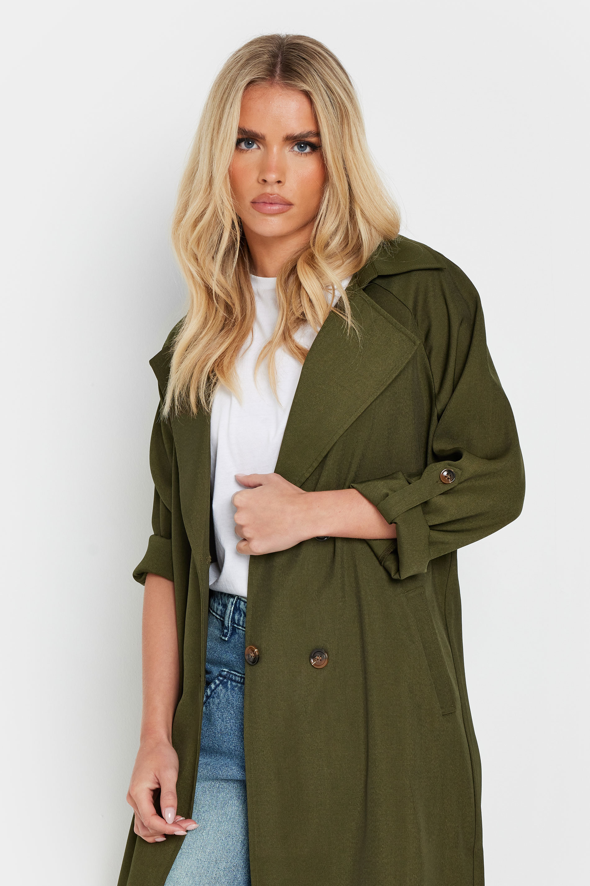 PixieGirl Petite Womens's Khaki Green Woven Lightweight Trench Coat | PixieGirl 4