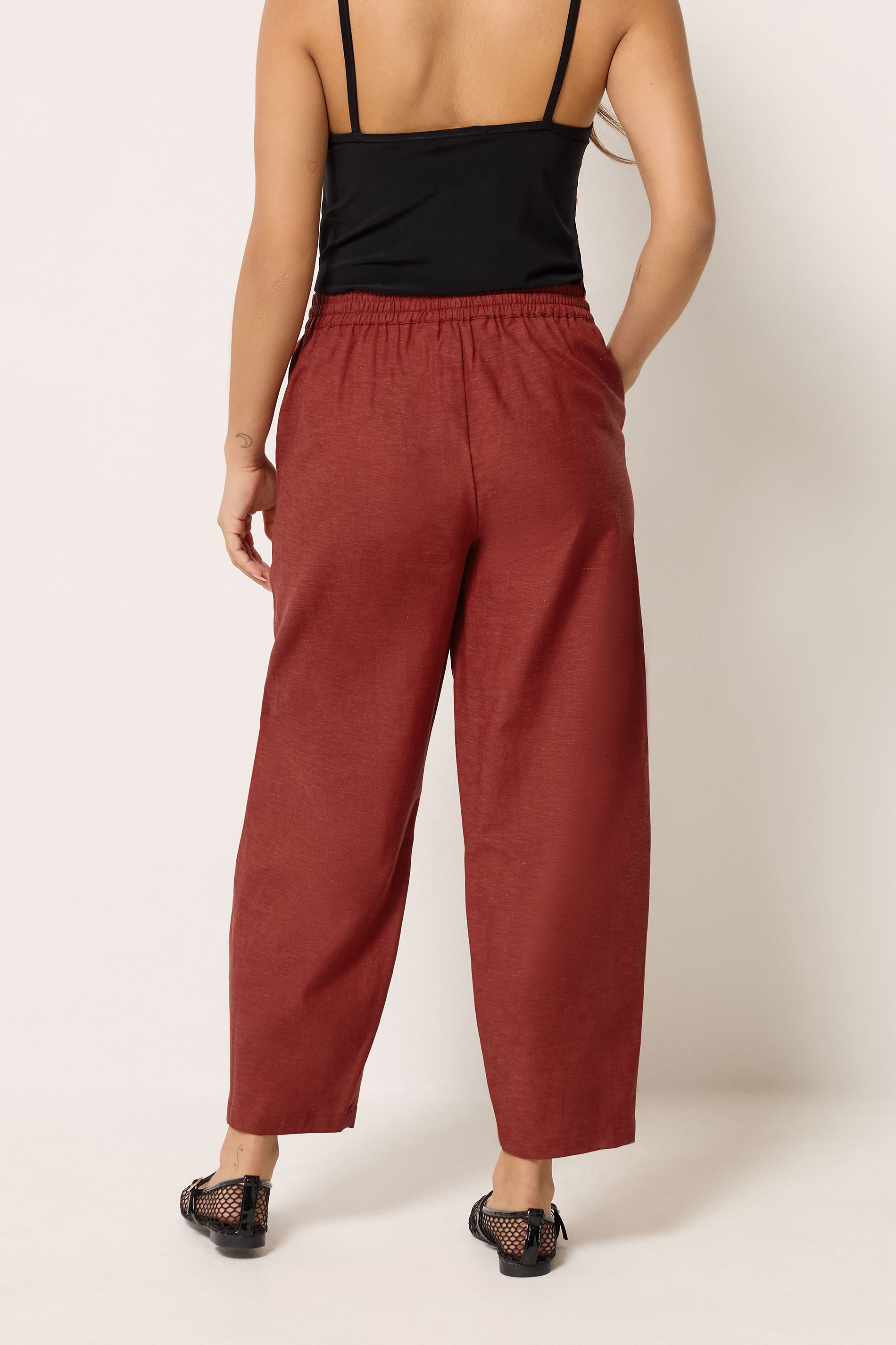 PixieGirl Petite Women's Brick Red Linen Barrel Trousers | PixieGirl 2