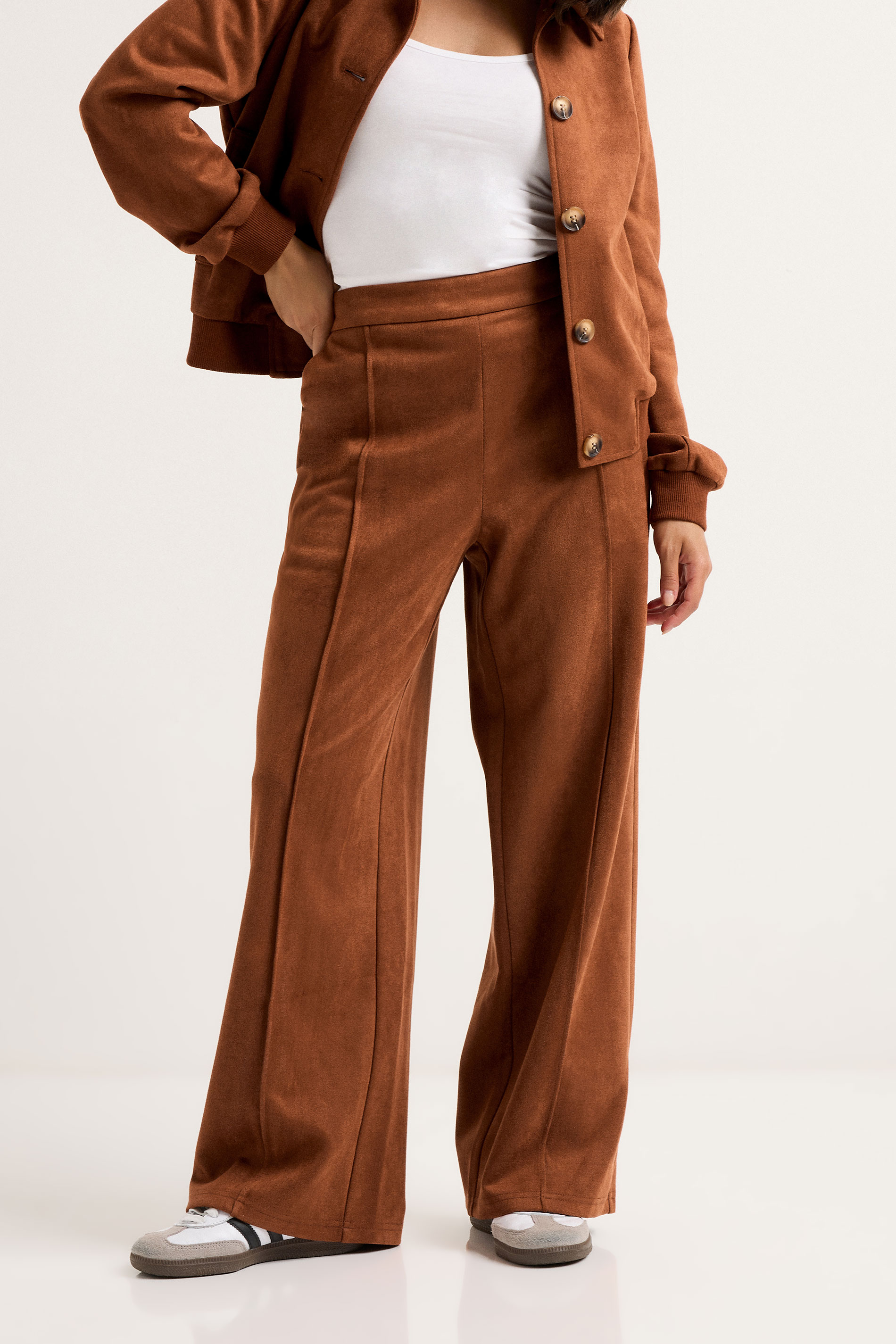 PixieGirl Petite Women's Tan Brown Suedette Wide Leg Trouser | Pixie Girl 3