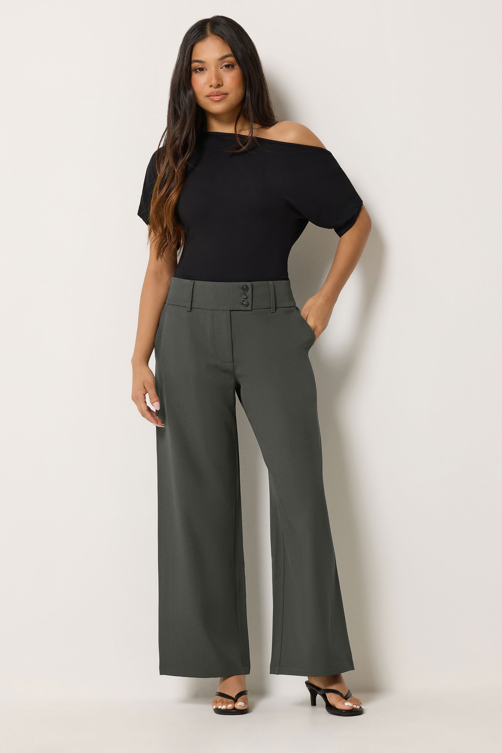 Pixiegirl Women's Grey Petite Dark Button Tab Detail Wide Leg Trousers Size Petite > 6