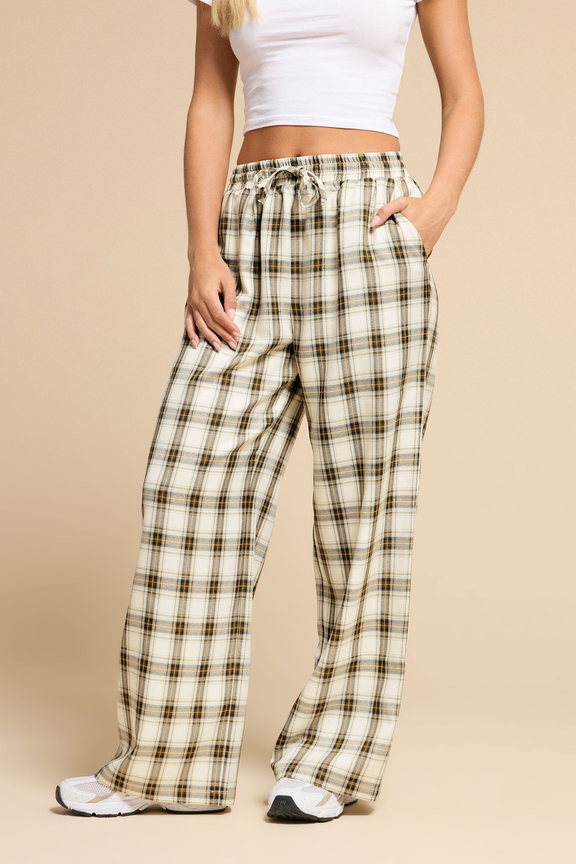 PixieGirl Petite Women's Natural Brown Check Wide Leg Trousers | PixieGirl 2