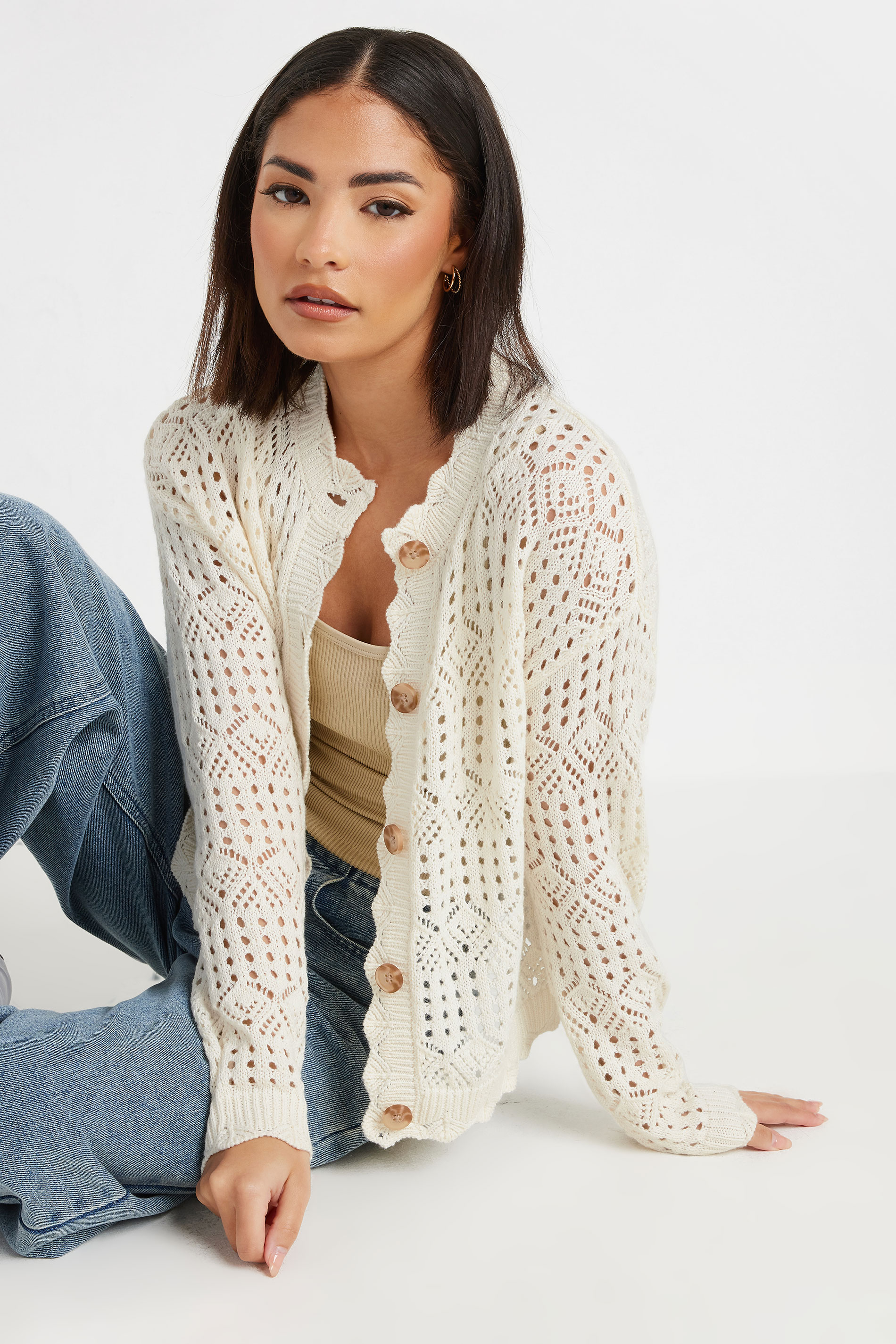 PixieGirl Petite Women's Ivory White Crochet Button Cardigan | PixieGirl 5