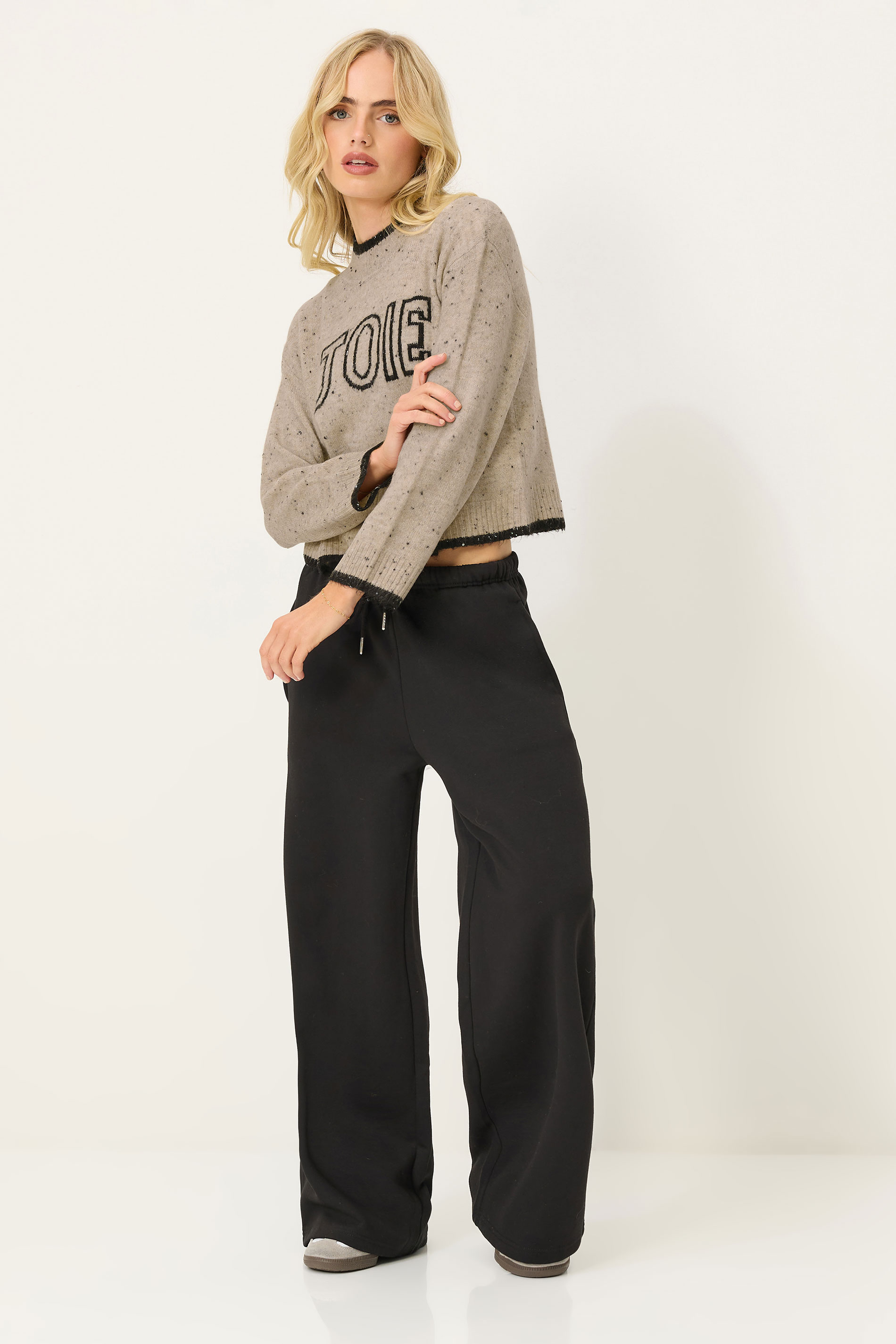 PixieGirl Petite Women's Natural Brown Speckled Knitted Slogan Jumper | PixieGirl 2