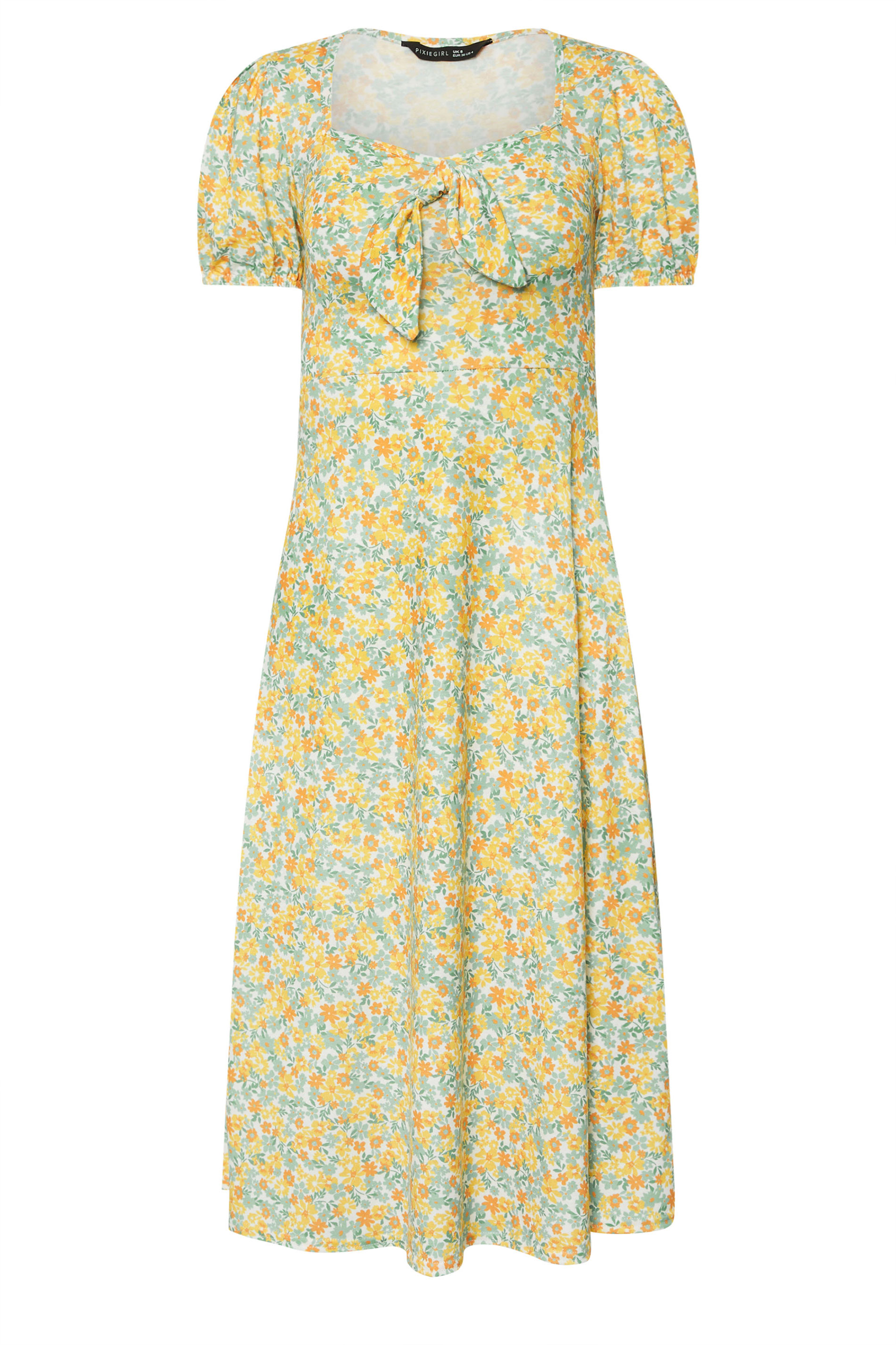 PixieGirl Petite Women's Yellow Ditsy Floral Tie Front Midi Dress | PixieGirl 5