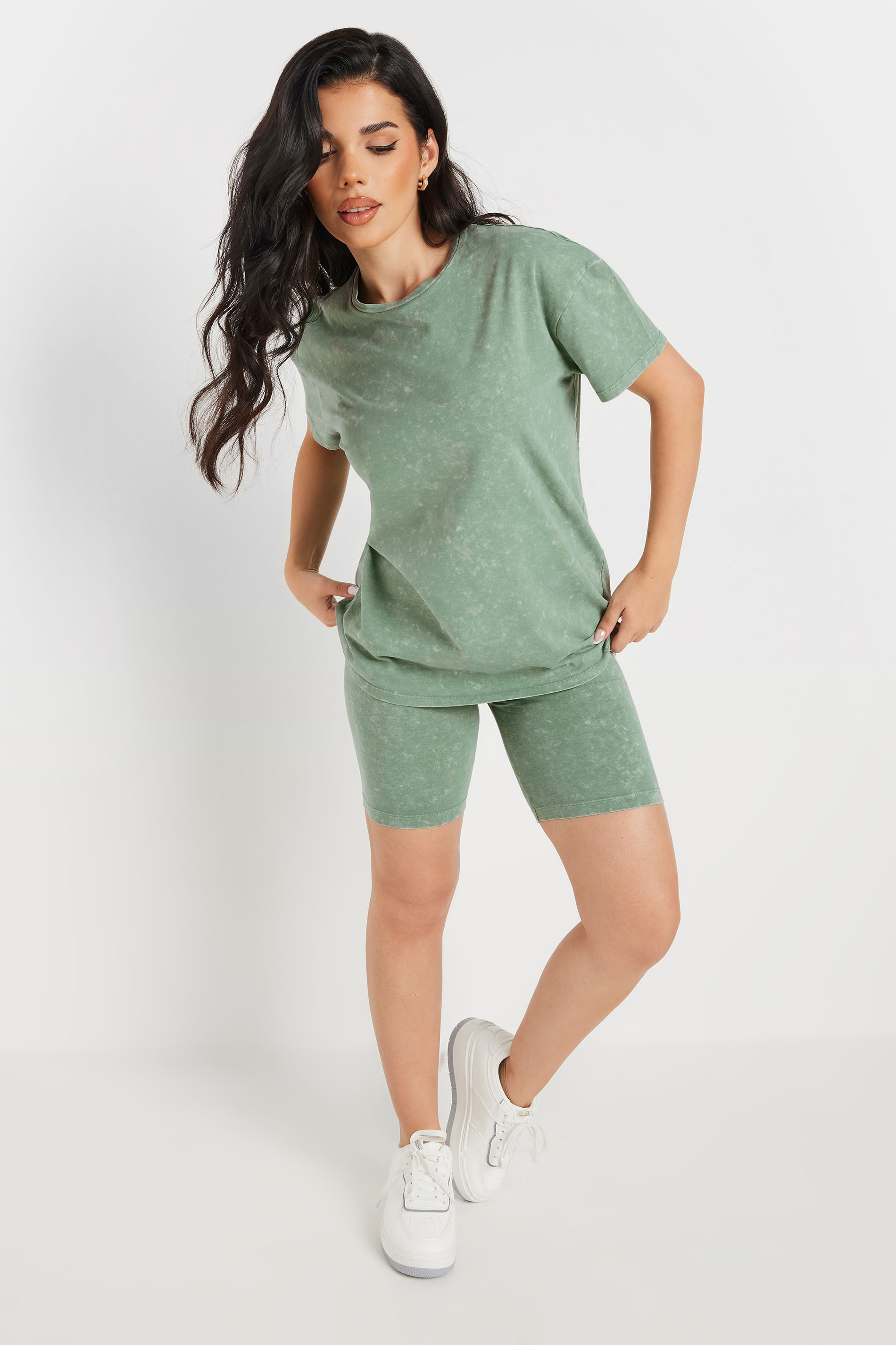 PixieGirl Petite Women's Green Acid Wash T-Shirt & Cycling Short Set | PixieGirl 2