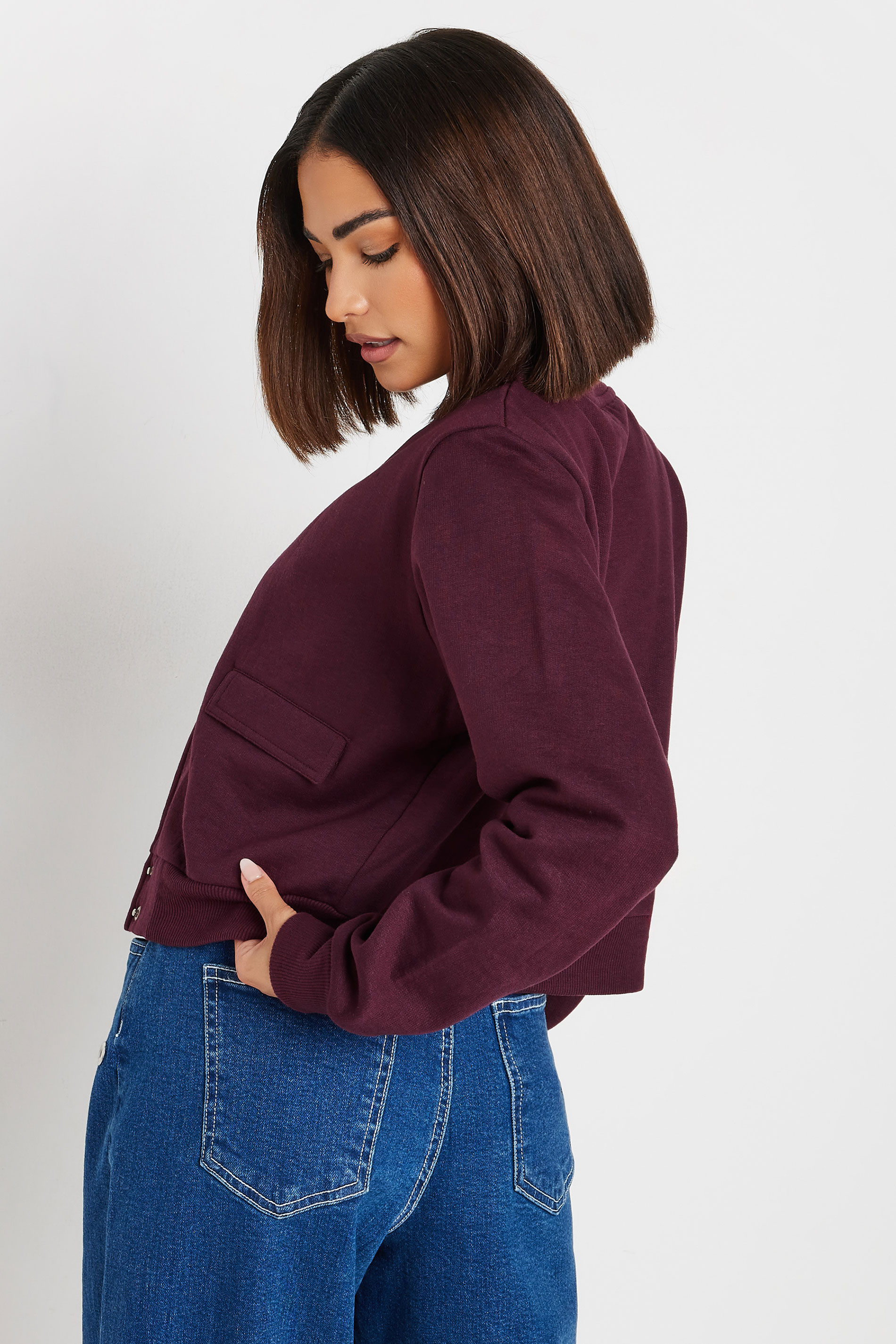 PixieGirl Petite Womens Burgundy Red Jersey Bomber Jacket | PixieGirl 5