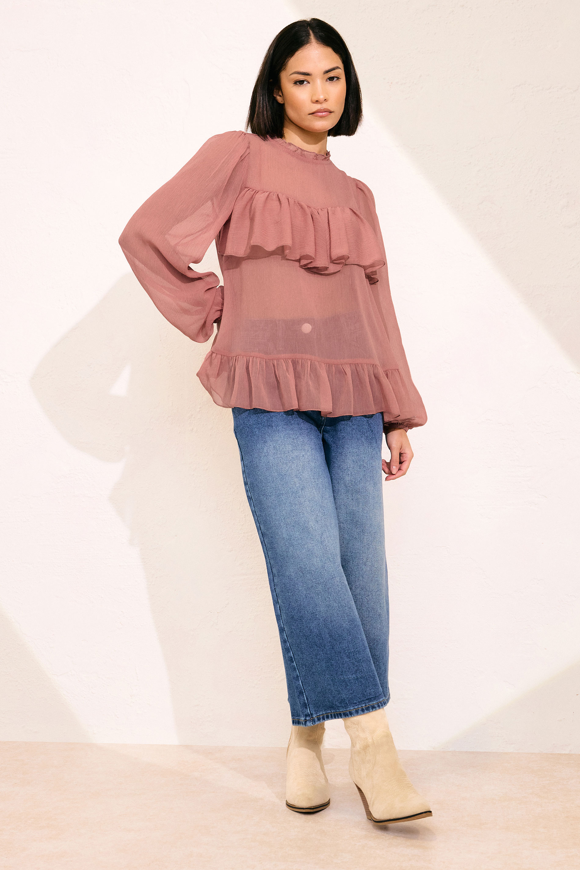PixieGirl Petite Women's Coral Pink Chiffon Frill Blouse | PixieGirl 3