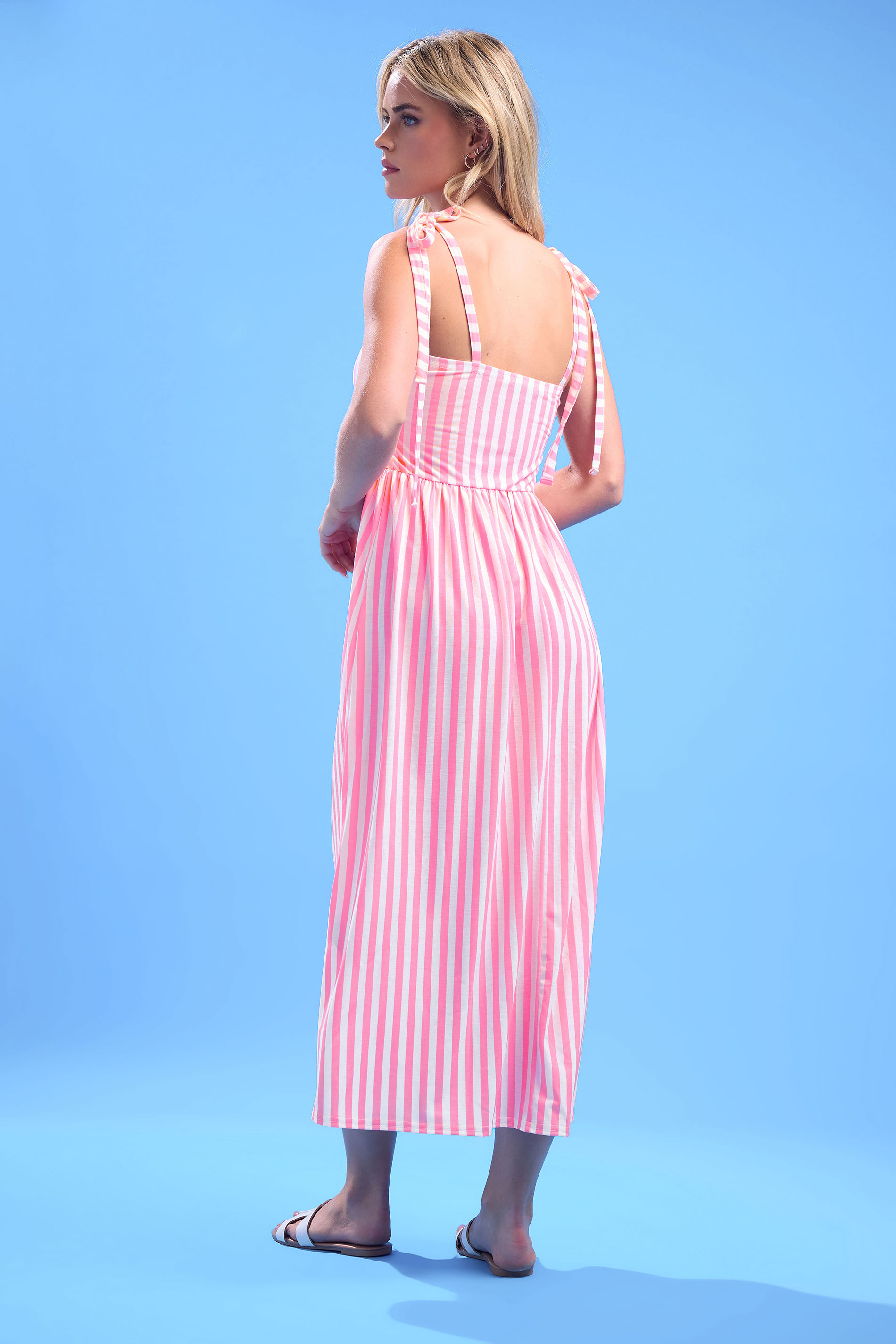 PixieGirl Petite Women's Pink Stripe Tie Shoulder Maxi Dress | PixieGirl 4