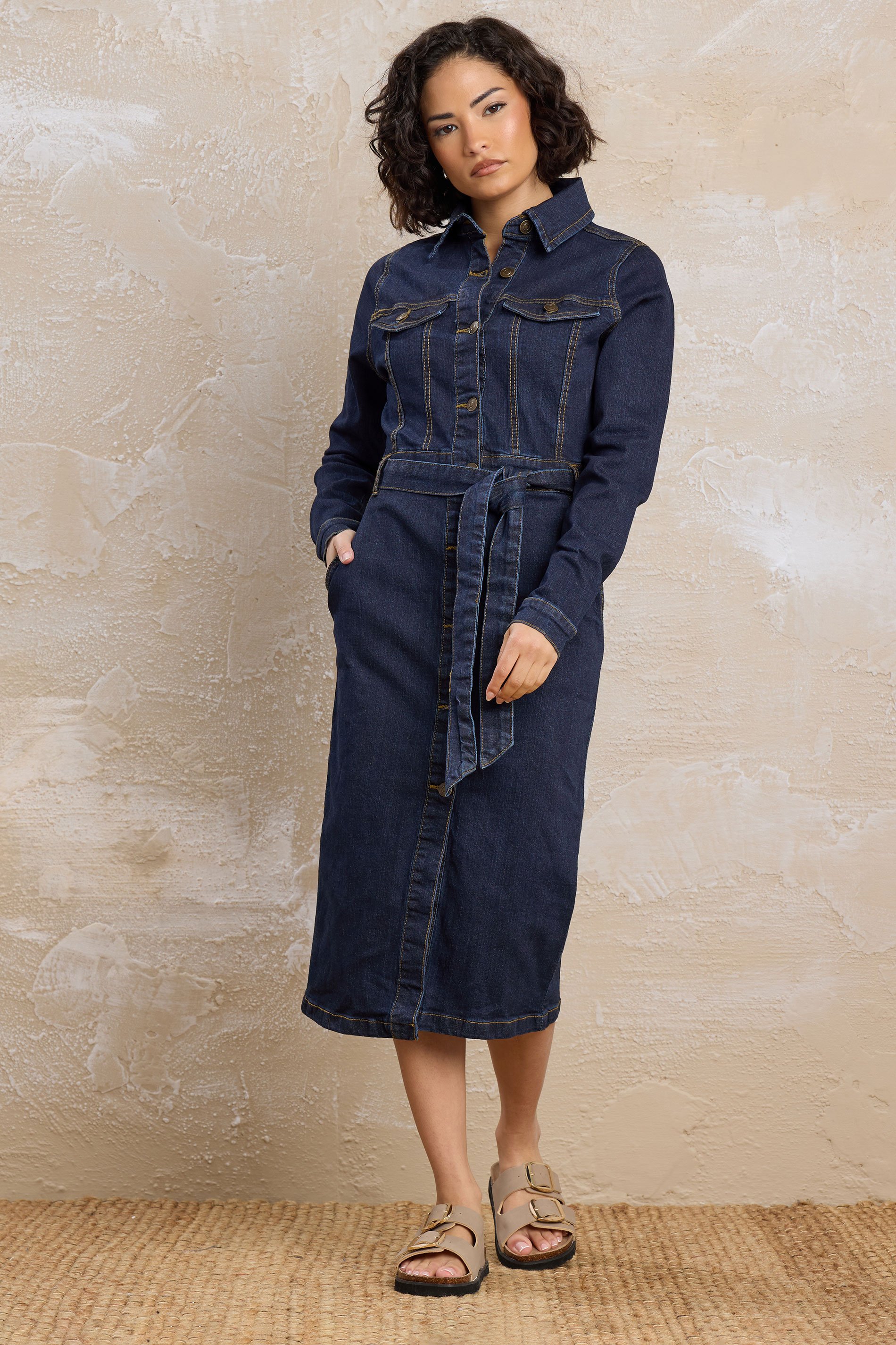 PixieGirl Petite Women's Indigo Blue Denim Tie Waist Midi Dress | PixieGirl 1