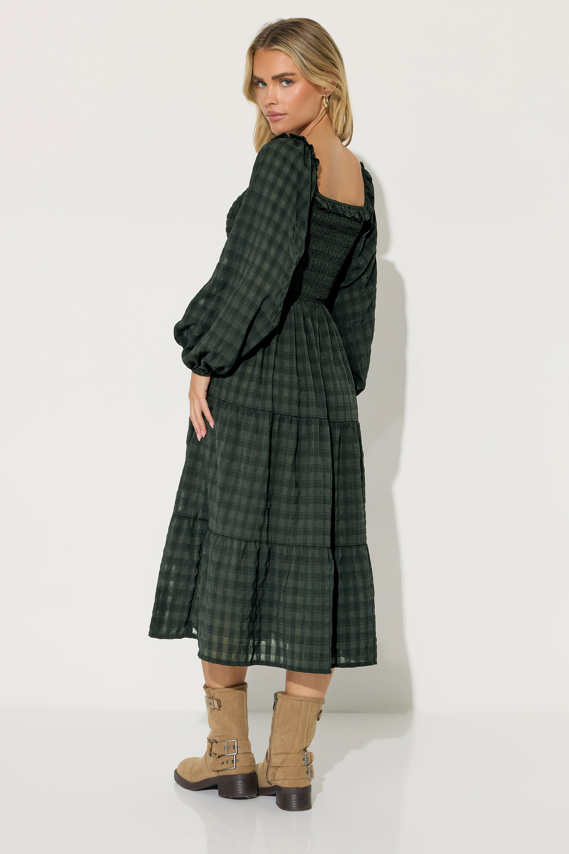 PixieGirl Petite Women's Green Crinkle Check Tiered Dress | PixieGirl 4