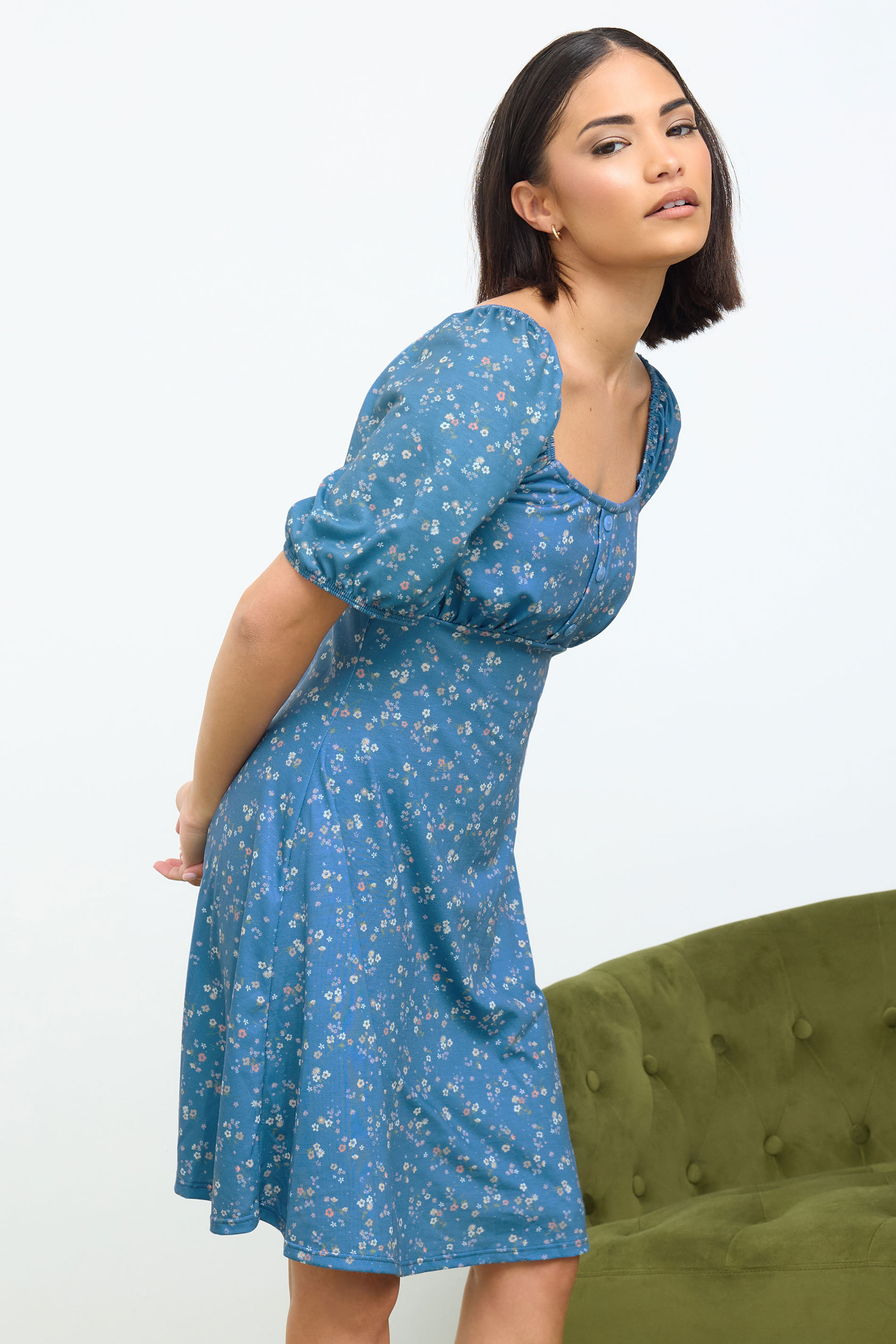 PixieGirl Petite Women's Blue Ditsy Floral Print Mini Dress | PixieGirl 2