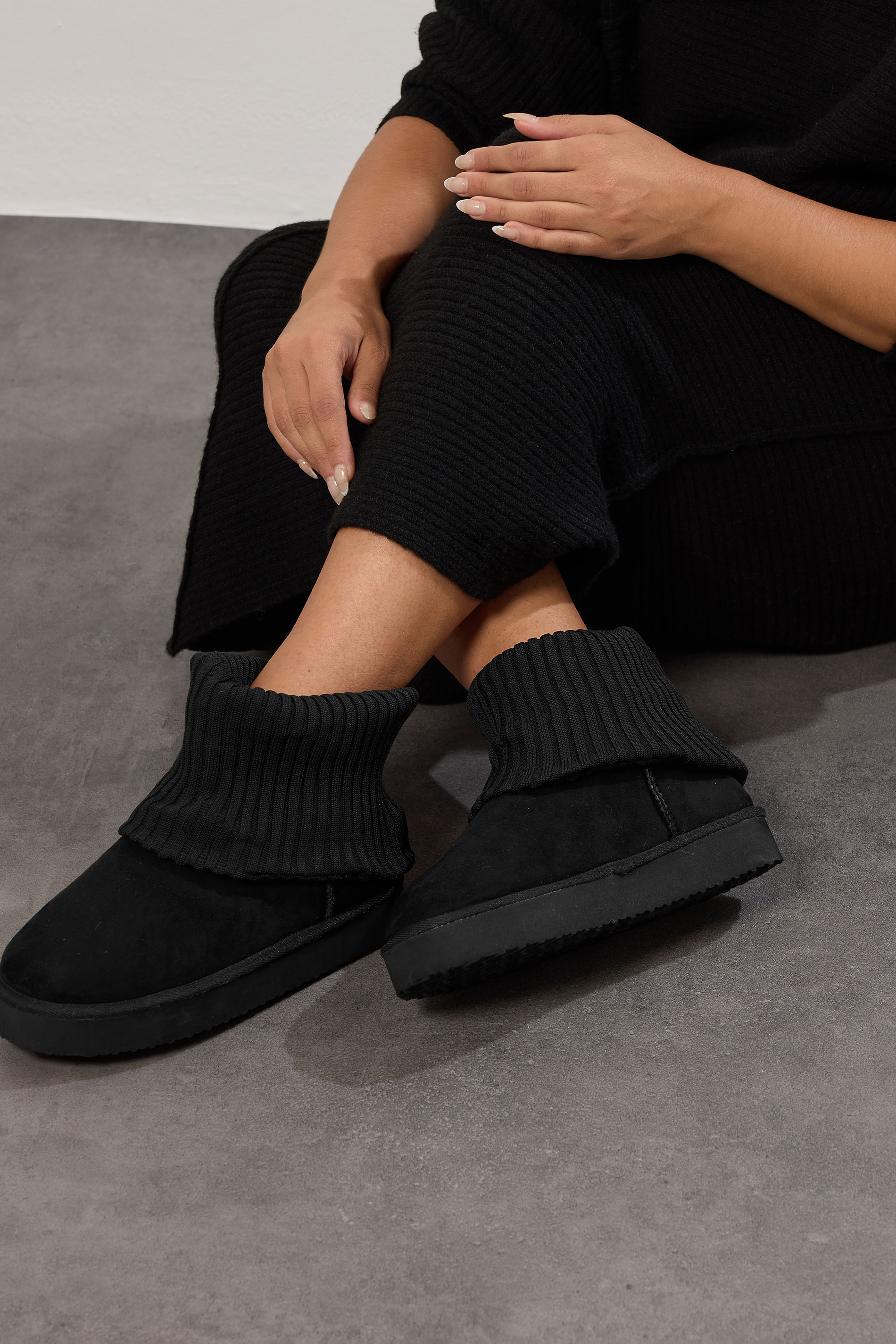 Black Faux Suede Knit Cuff Ankle Boots In Extra Wide EEE Fit | Yours Clothing 1