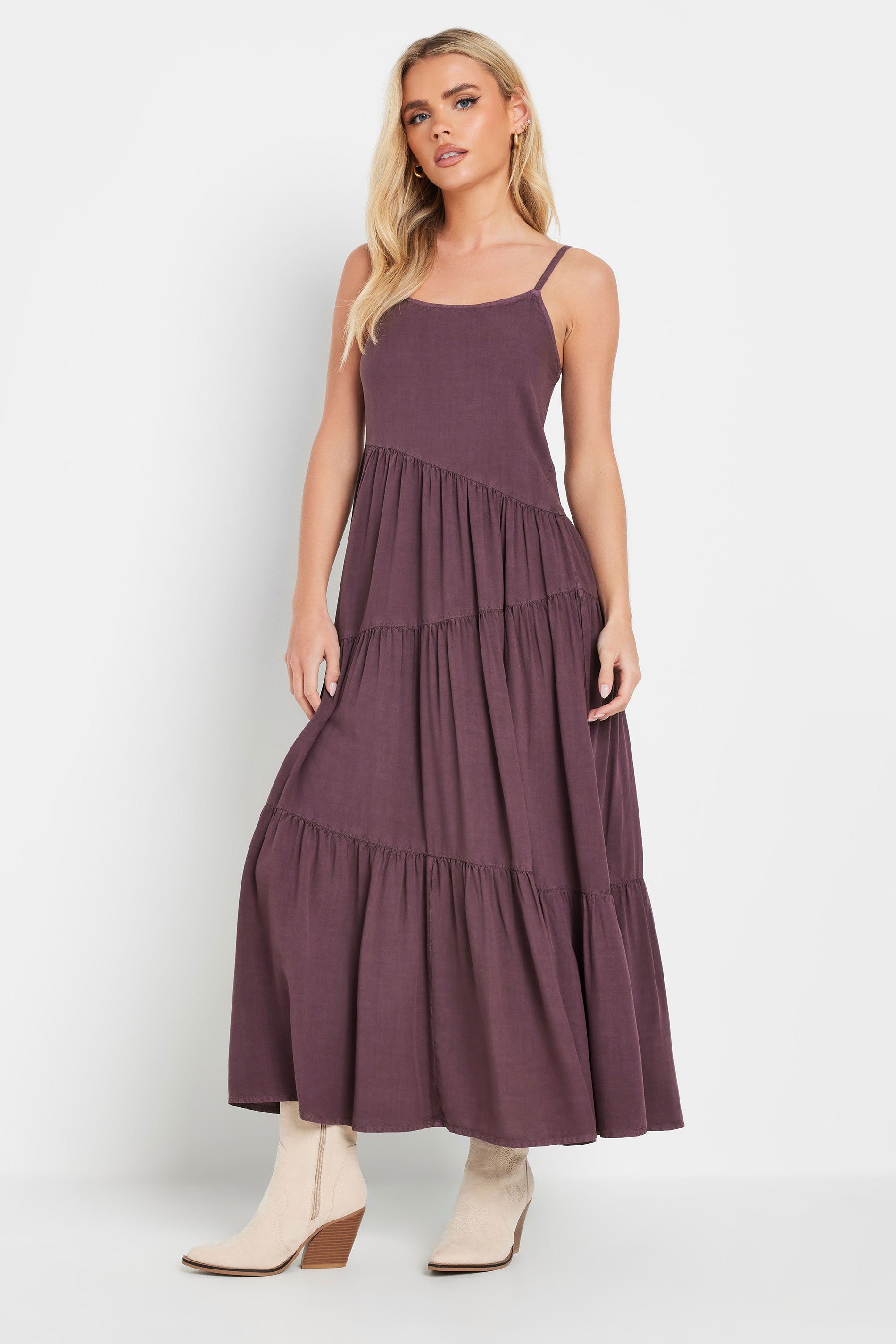 PixieGirl Petite Women's Burgundy Red Acid Wash Asymmetric Tiered Maxi Dress | PixieGirl 1