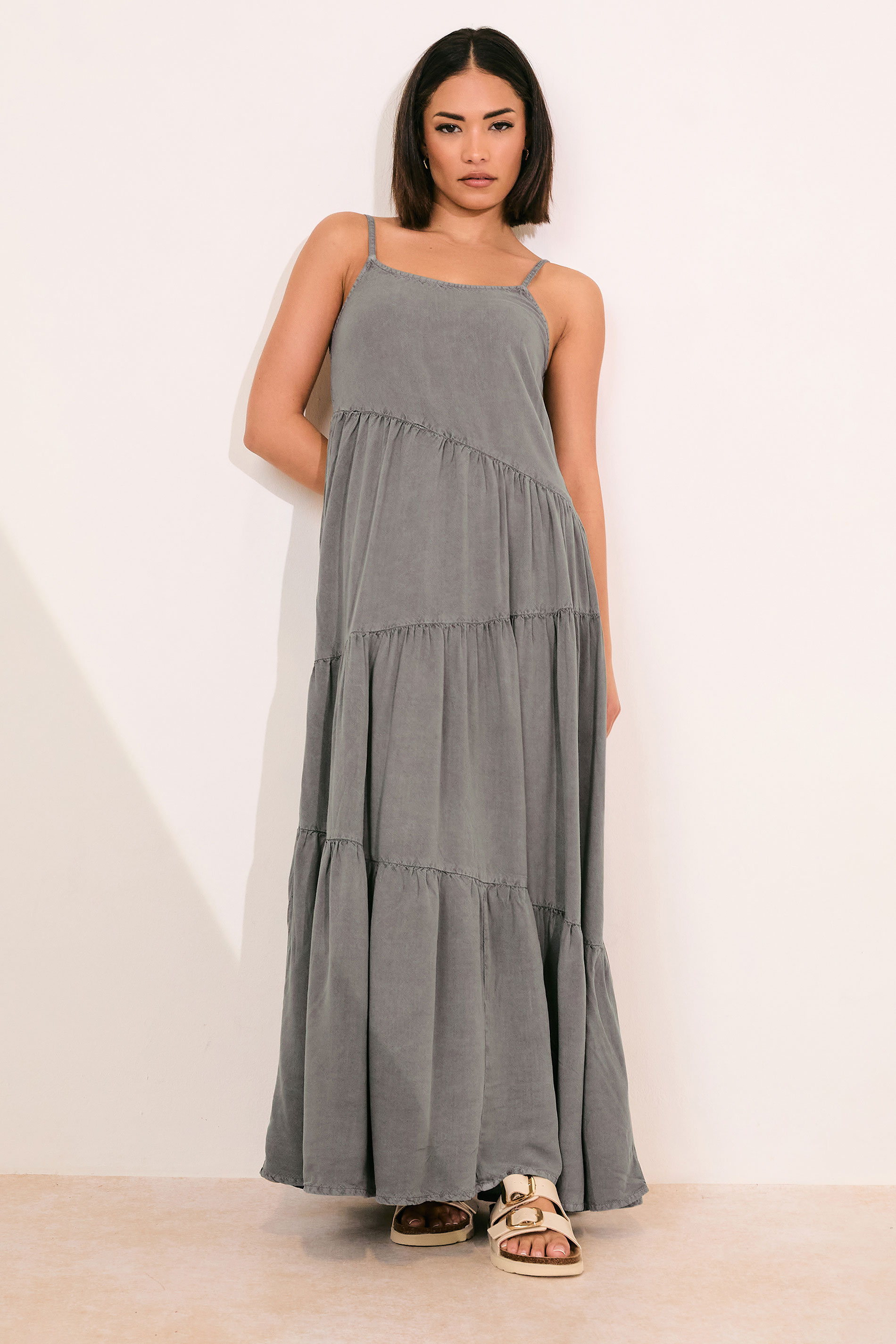 PixieGirl Petite Women's Grey Acid Wash Asymmetric Tiered Maxi Dress | PixieGirl 2