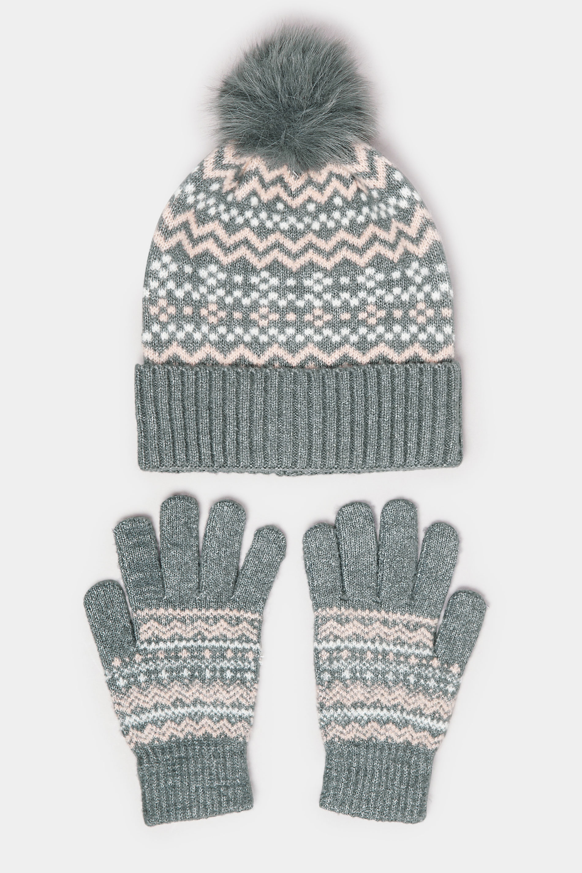 Grey Fairisle Bobble Hat & Glove Set | Yours Clothing  4