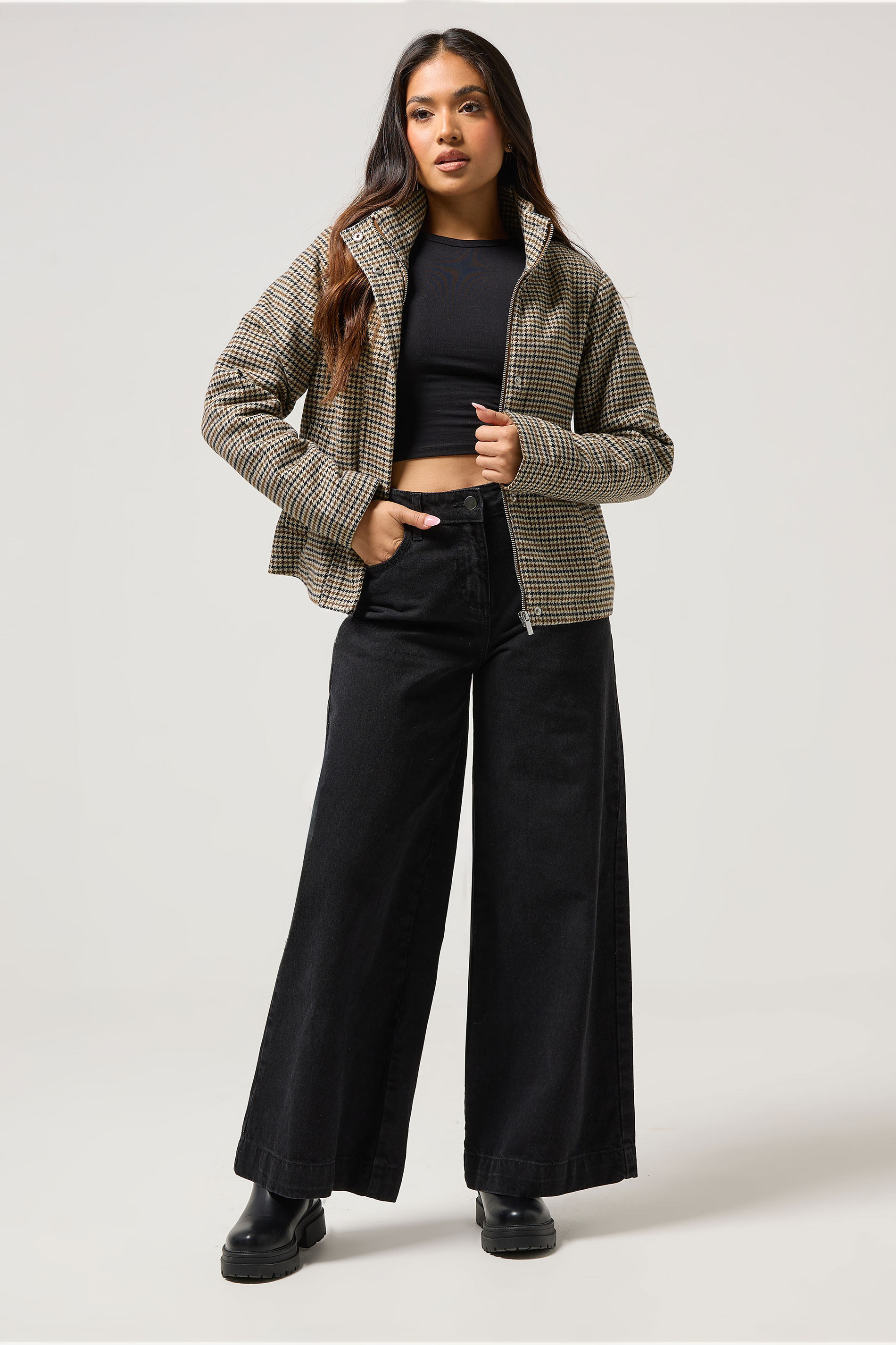 PixieGirl Petite Women's Brown Check Funnel Neck Coat | PixieGirl 2