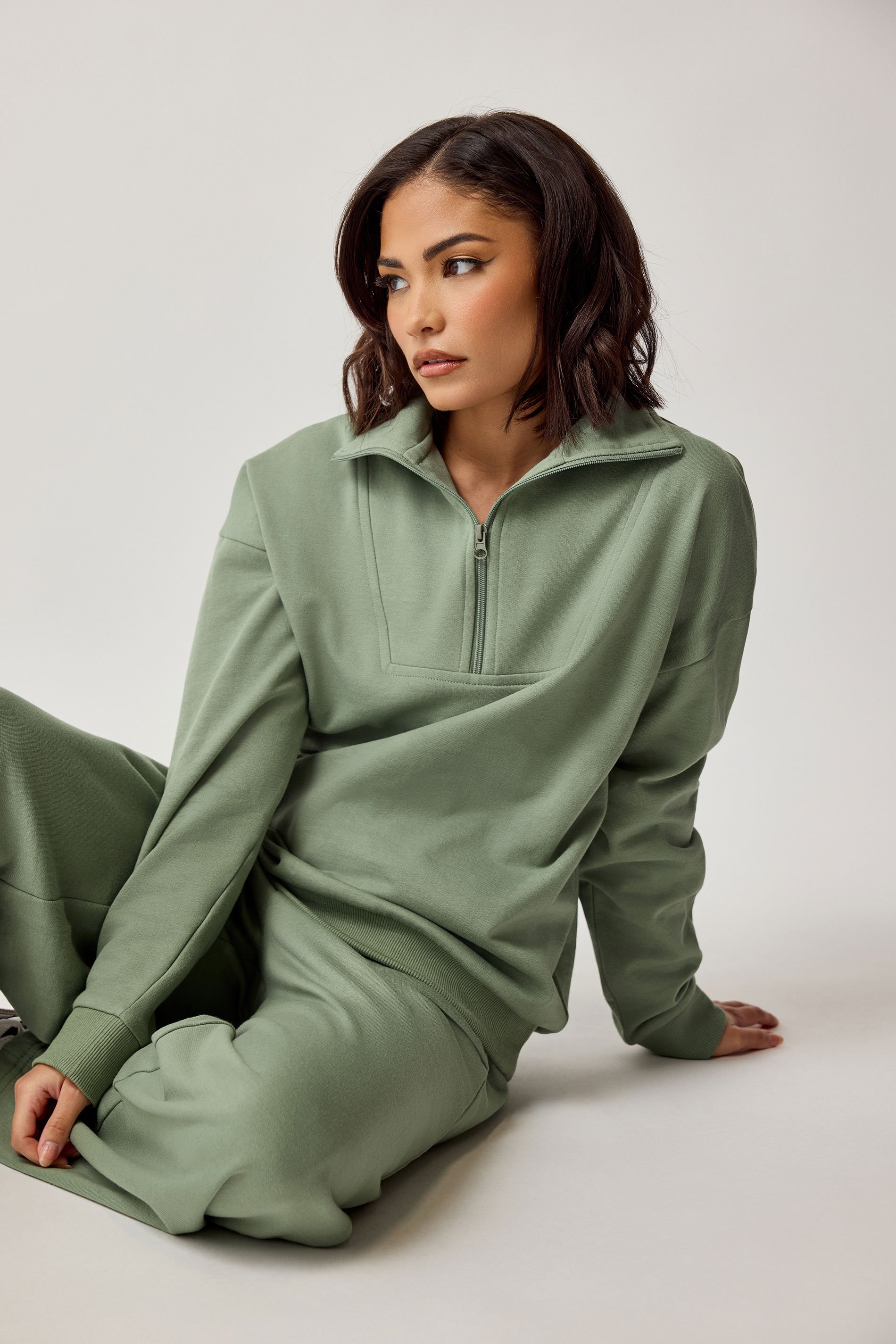 PixieGirl Petite Women's Sage Green Quarter Zip Sweatshirt | PixieGirl 1