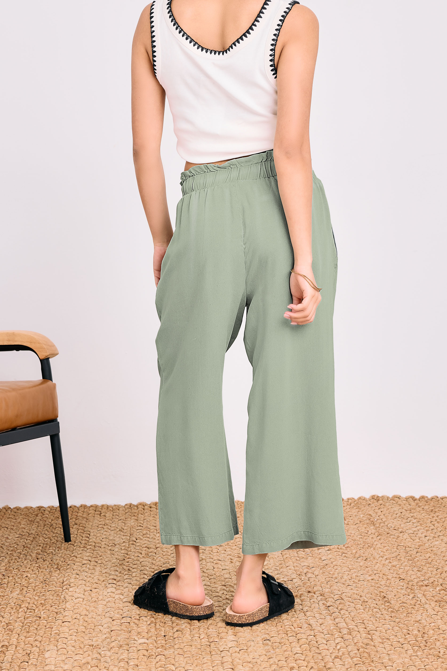 PixieGirl Petite Women's Sage Green Acid Wash Cropped Trousers | PixieGirl 5