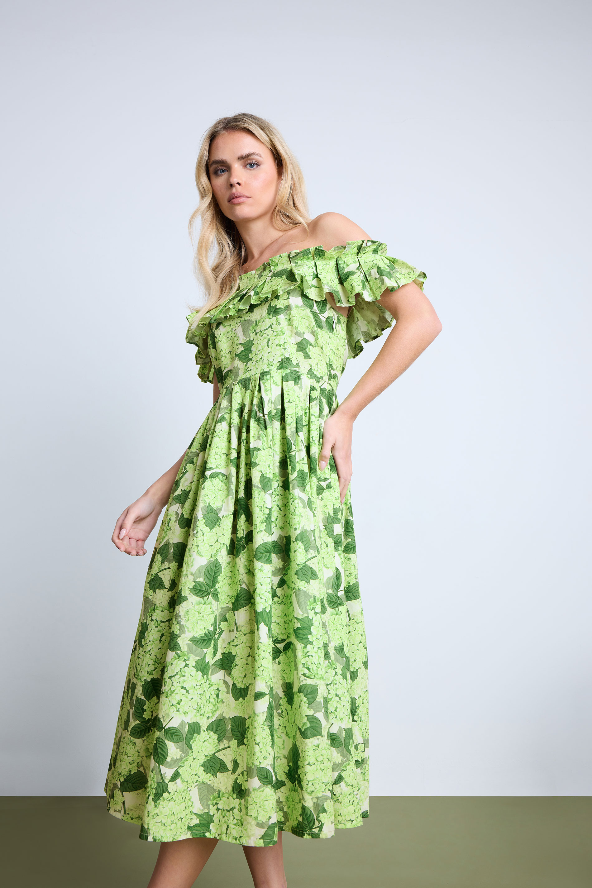 PixieGirl Petite Women's Green Floral Ruffle Bardot Midi Dress | PixieGirl 1