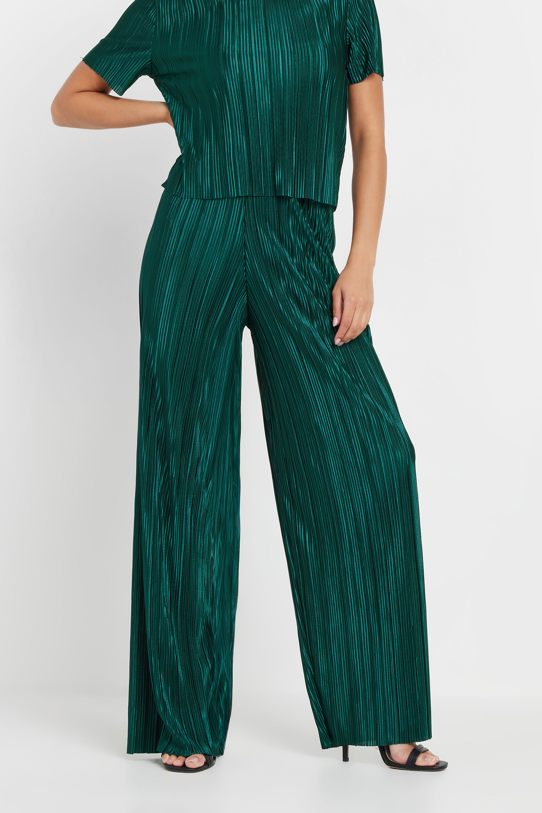 PixieGirl Petite Women's Green Plisse Wide Leg Trousers | PixieGirl 2
