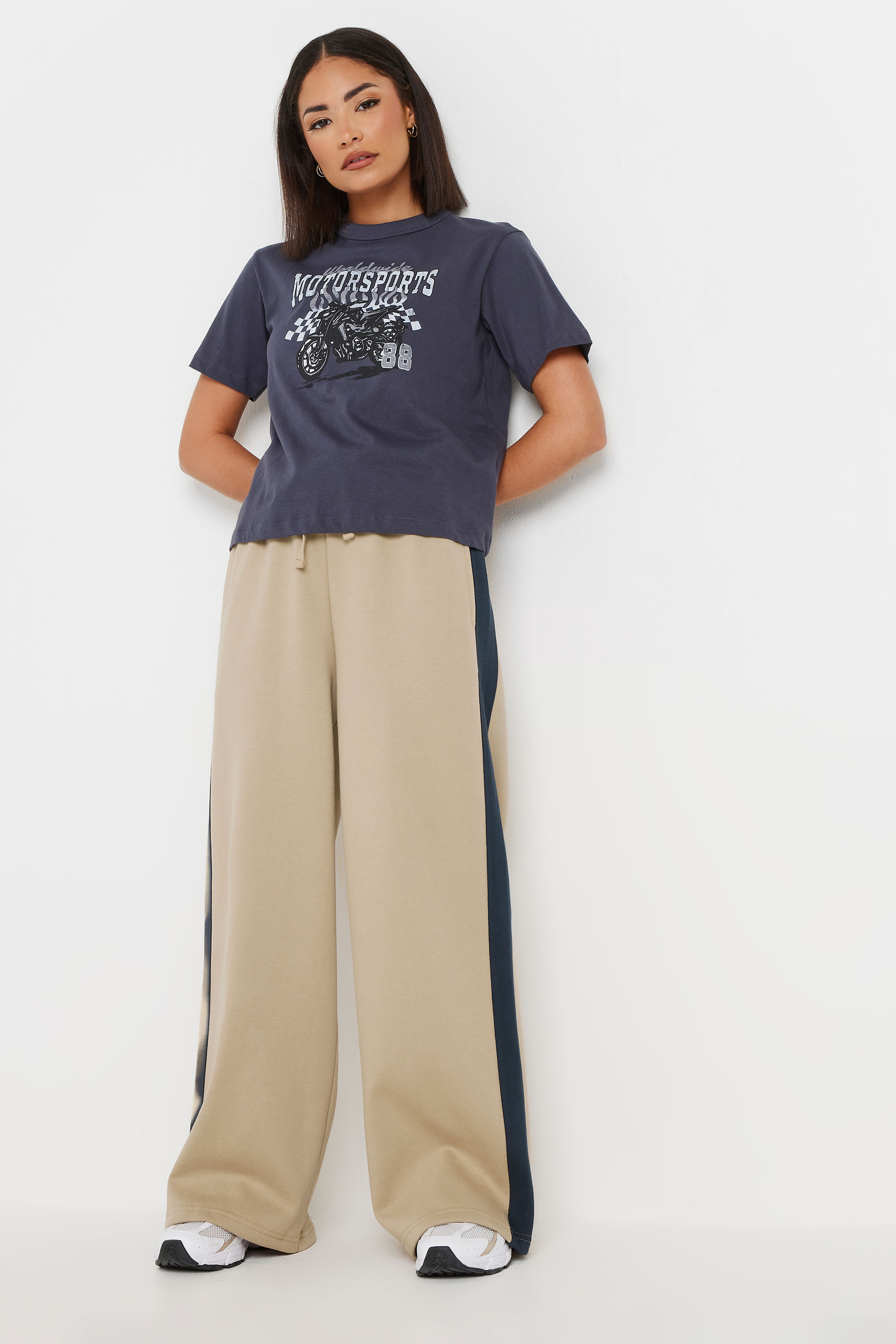 PixieGirl Petite Women's Beige Brown Side Striped Wide Leg Jogger | PixieGirl 2