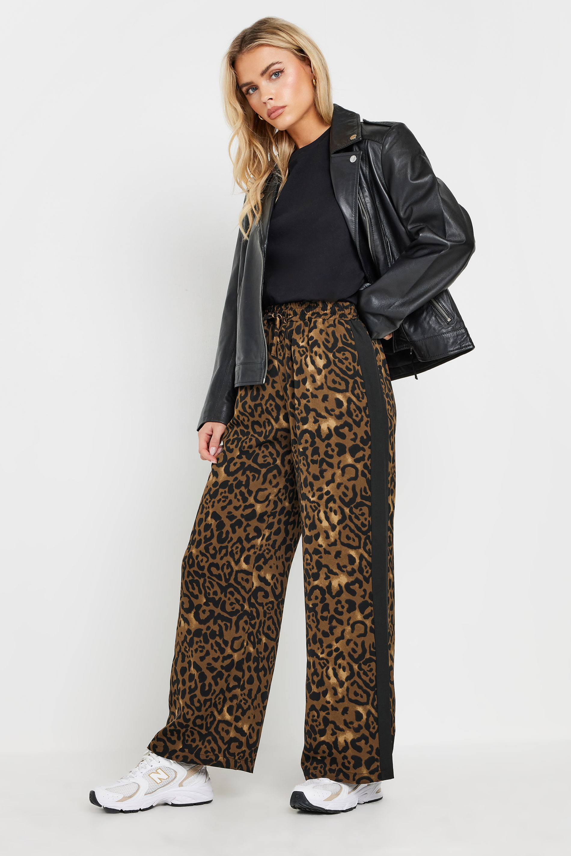 PixieGirl Petite Women's Brown Leopard Print Striped Wide Leg Trousers | PixieGirl 1