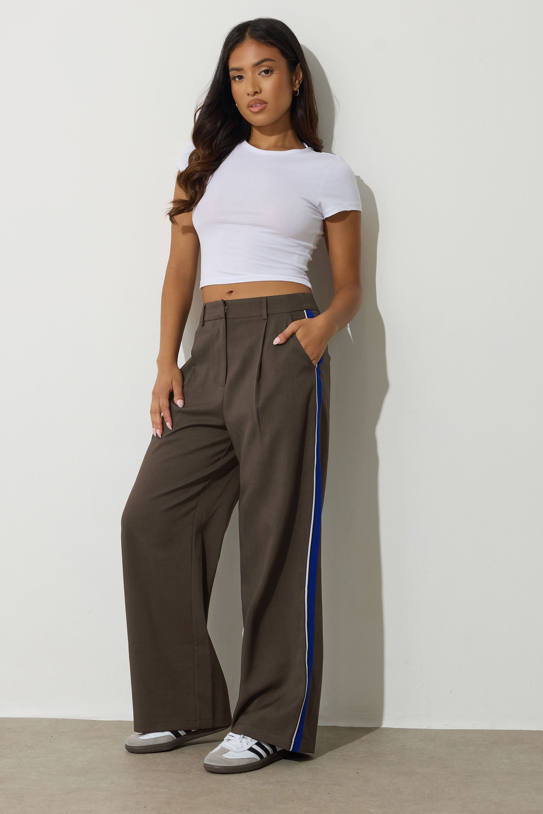 PixieGirl Petite Women's Chocolate Brown Striped Formal Trousers | PixieGirl 1