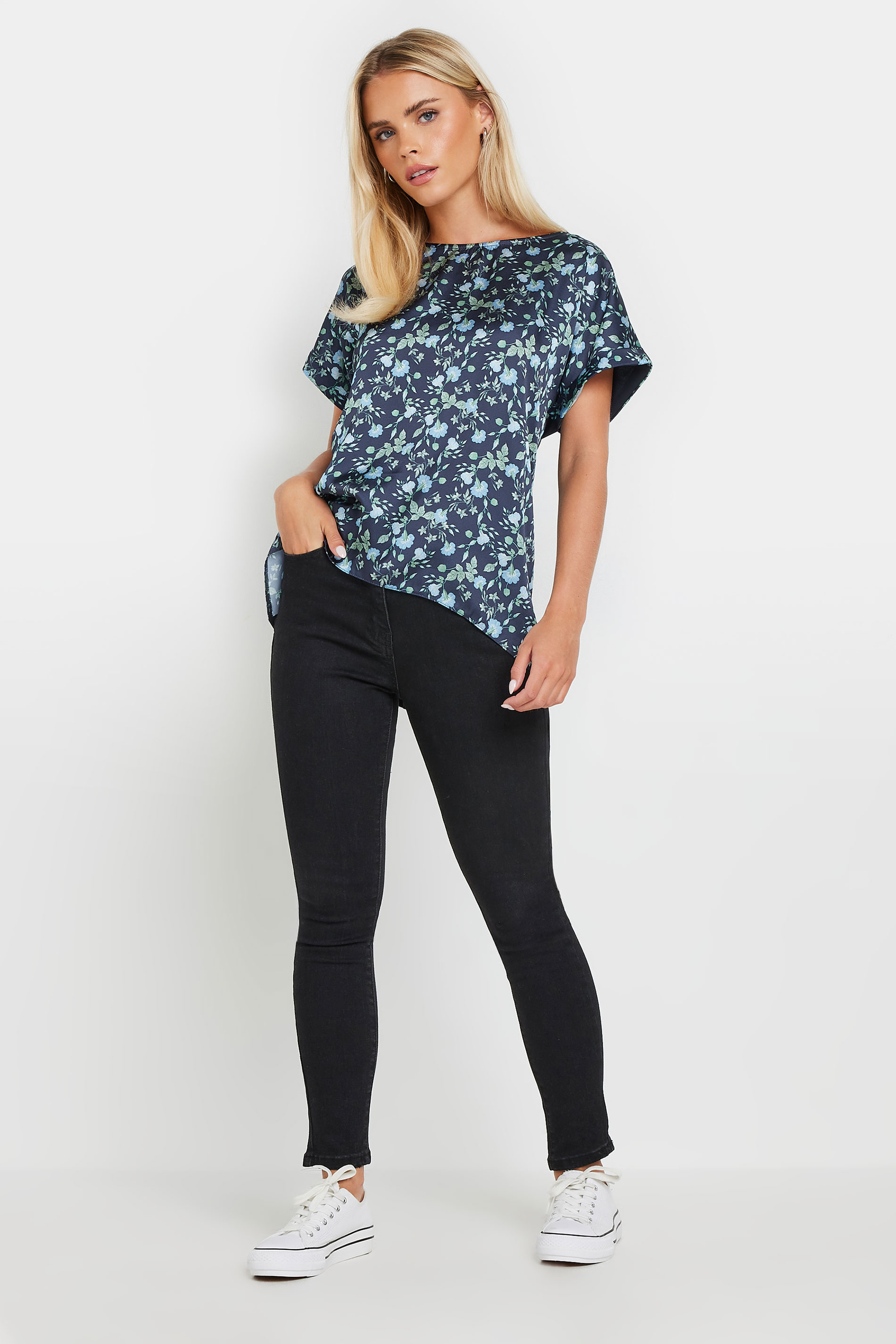 M&Co Petite Navy Blue Ditsy Floral Print Top | M&Co 1