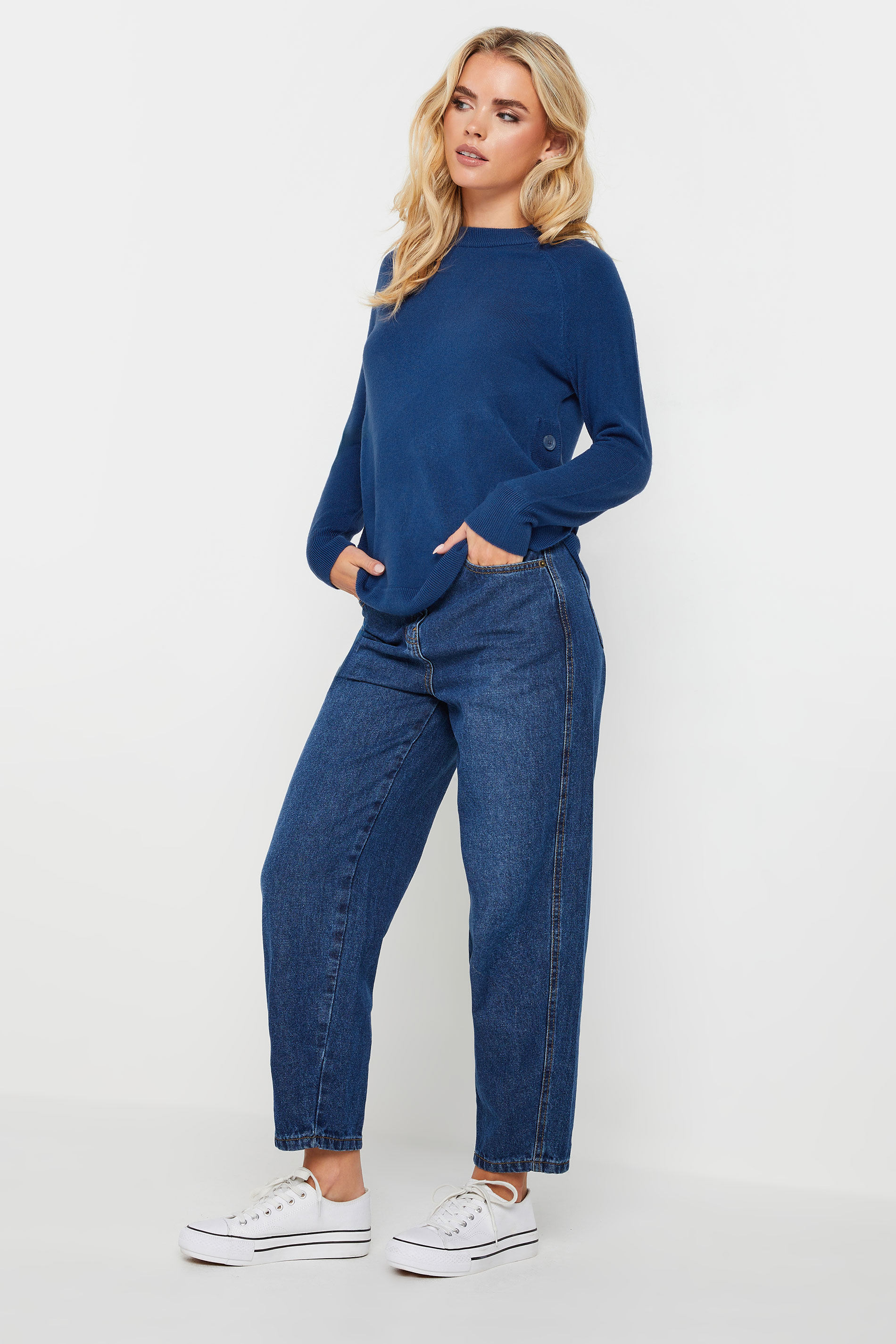 PixieGirl Petite Women's Blue Curved Hemline Button Jumper | PixieGirl 2