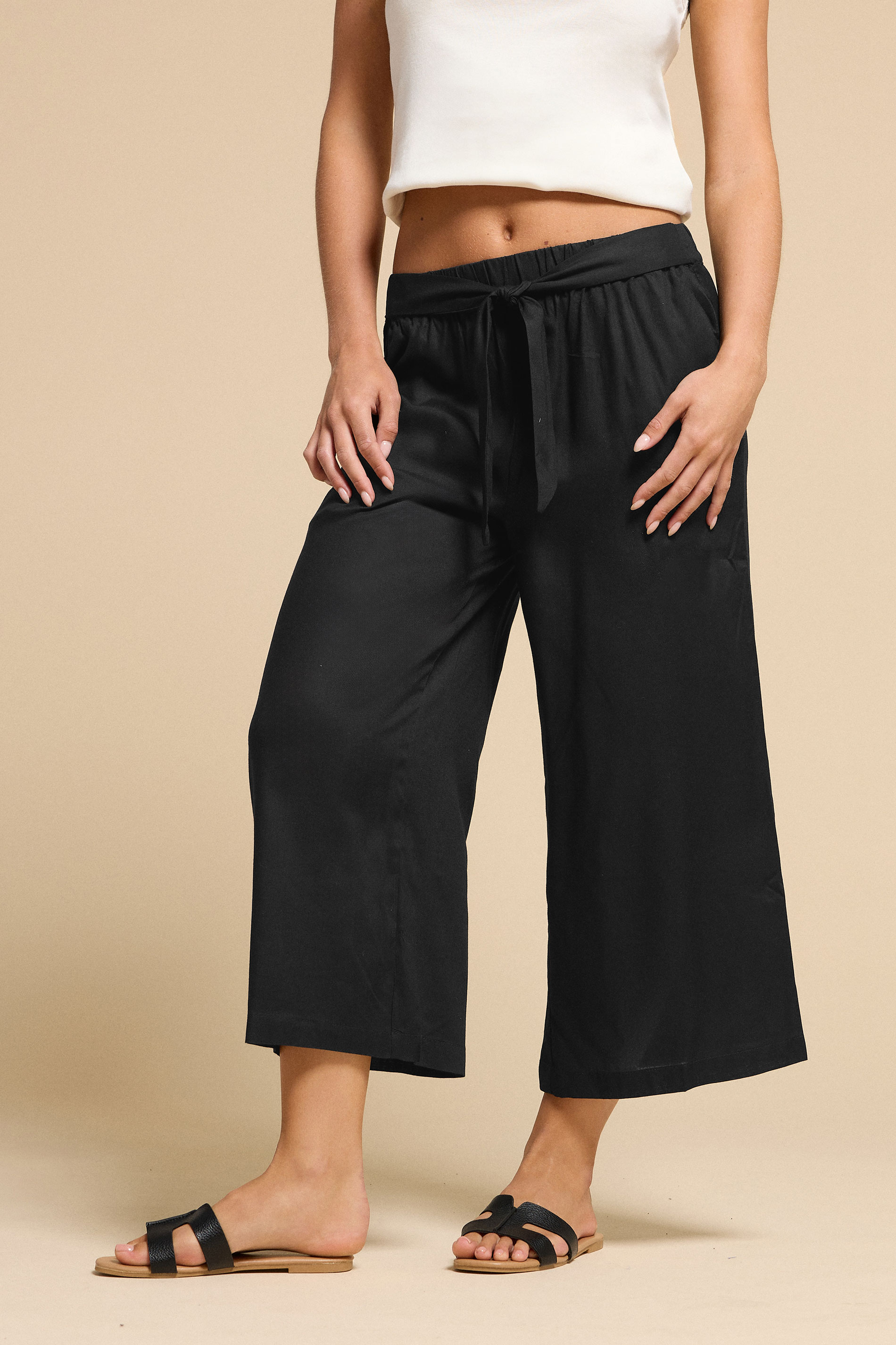 PixieGirl Petite Women's Black Cropped Belted Wide Leg Trousers | PixieGirl 2