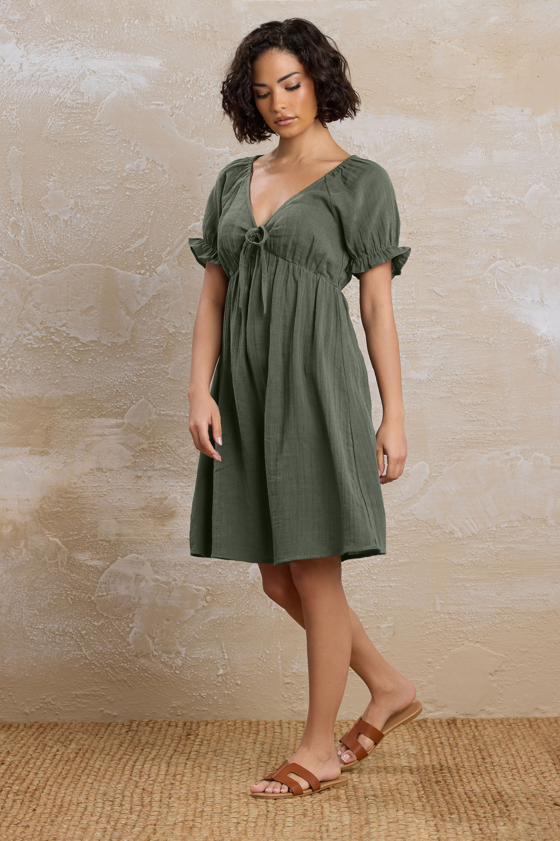 PixieGirl Petite Women's Khaki Green Tie Front Mini Dress | PixieGirl 1