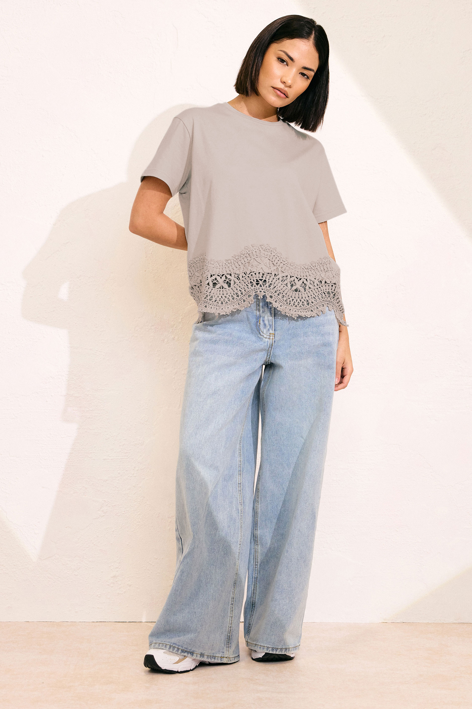 PixieGirl Petite Women's Stone Brown Crochet Hemline T-Shirt | PixieGirl 6