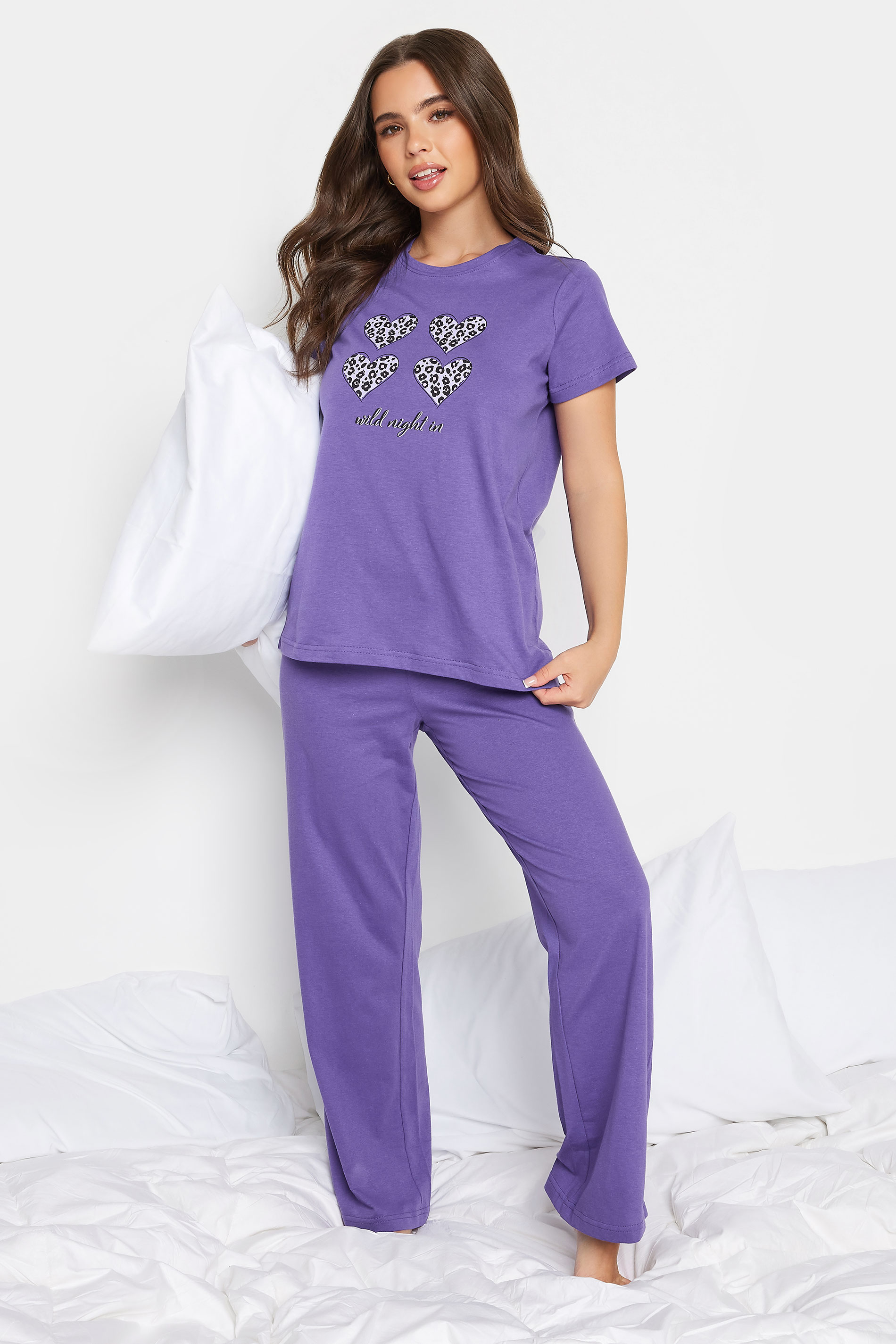 PixieGirl Purple 'Wild Night In' Slogan Leopard Heart Print Pyjama Set | PixieGirl  2