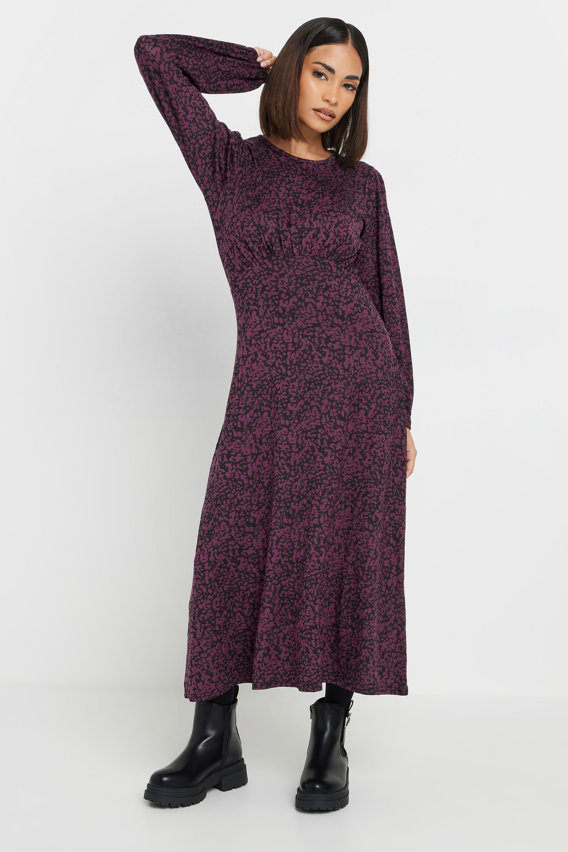 PixieGirl Petite Women's Burgundy Red Abstract Print Smock Dress | PixieGirl 4