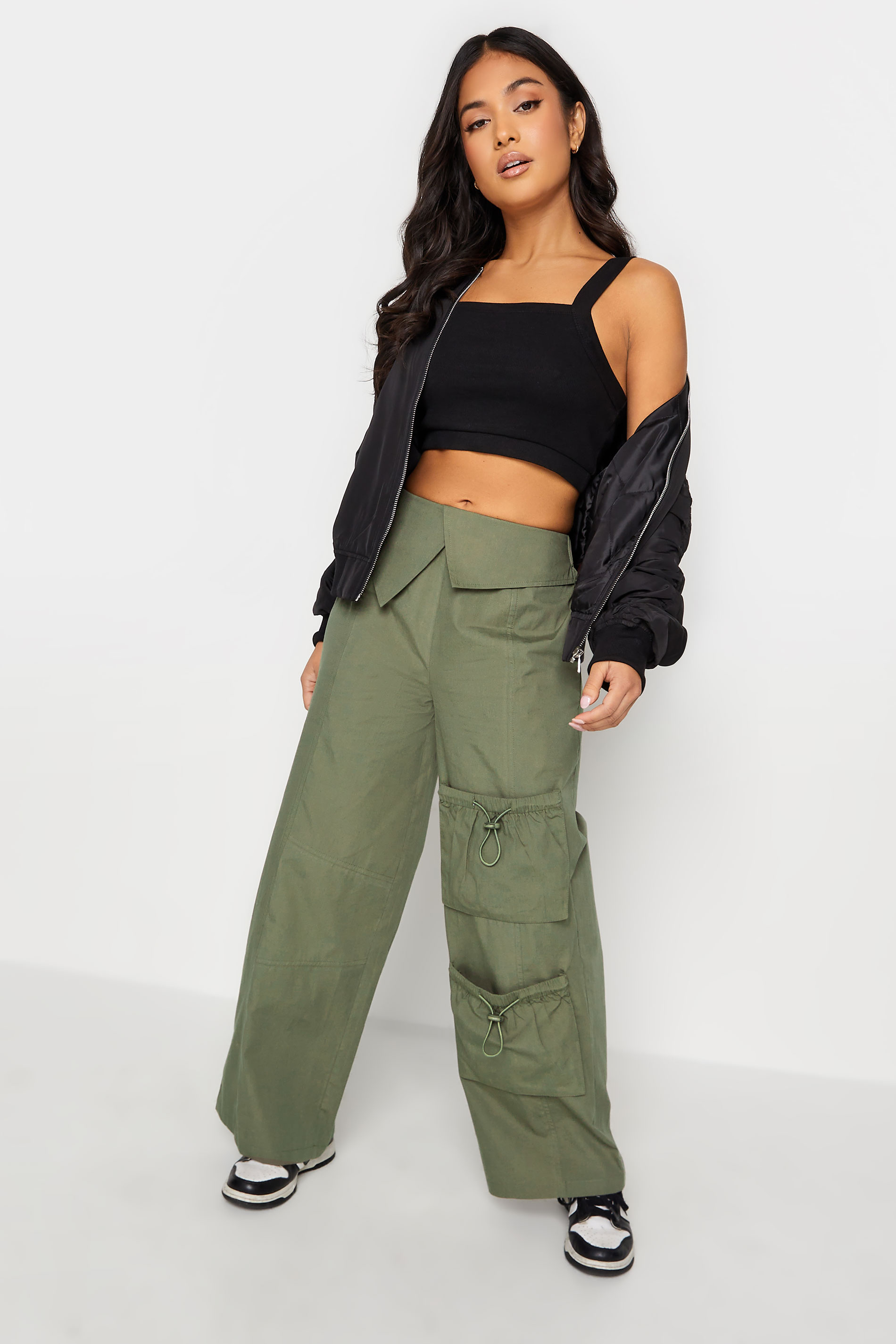 PixieGirl Khaki Green Fold Over Waist Cargo Trousers | PixieGirl 4