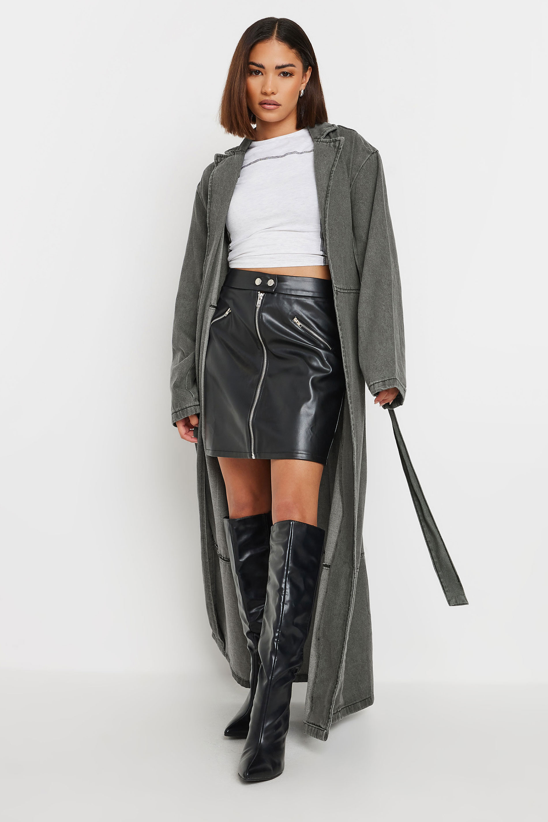 PixieGirl Petite Women's Grey Wash Denim Longline Trench Coat | PixieGirl 3