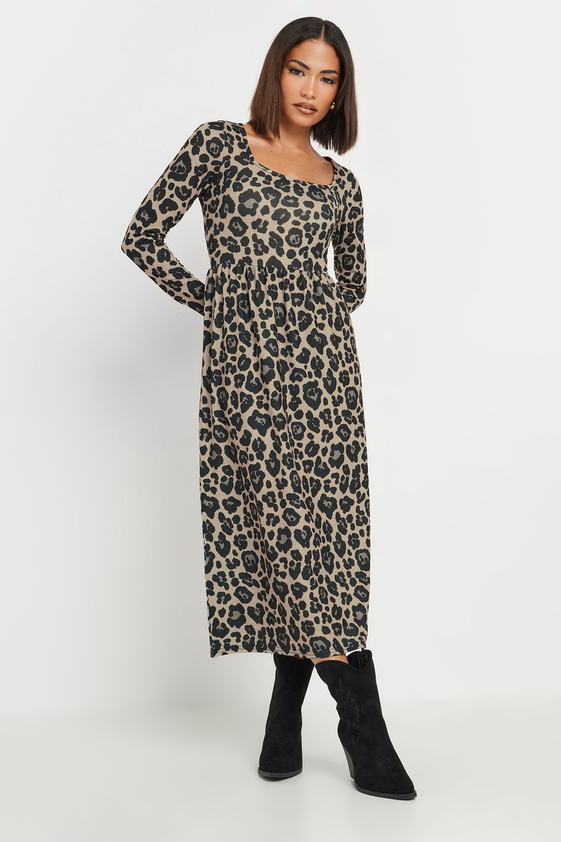 PixieGirl Petite Women's Brown Leopard Print Midi Tea Dress | PixieGirl 2