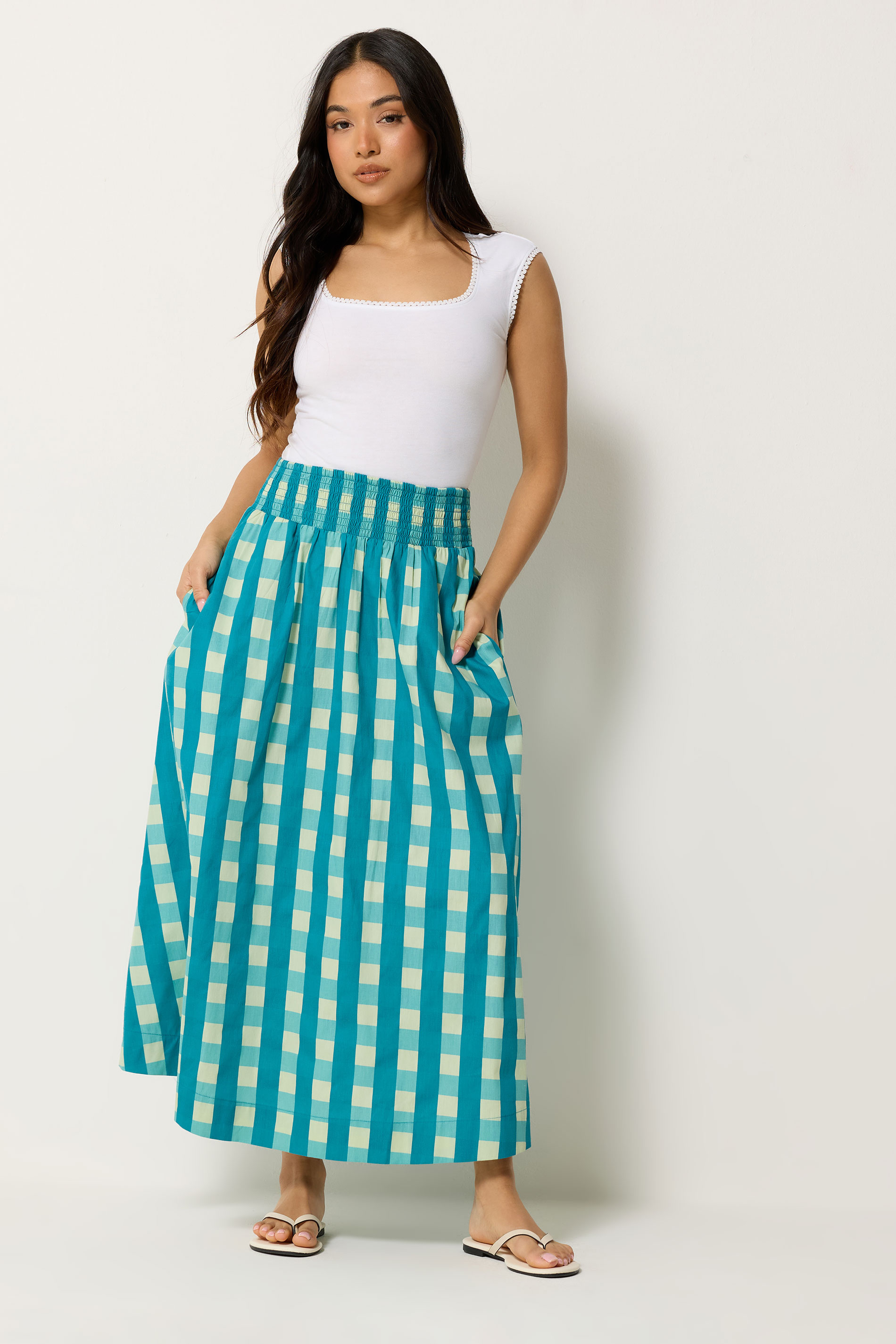 Pixiegirl Women's Green Petite Teal Check Cotton Shirred Midi Skirt Size 16