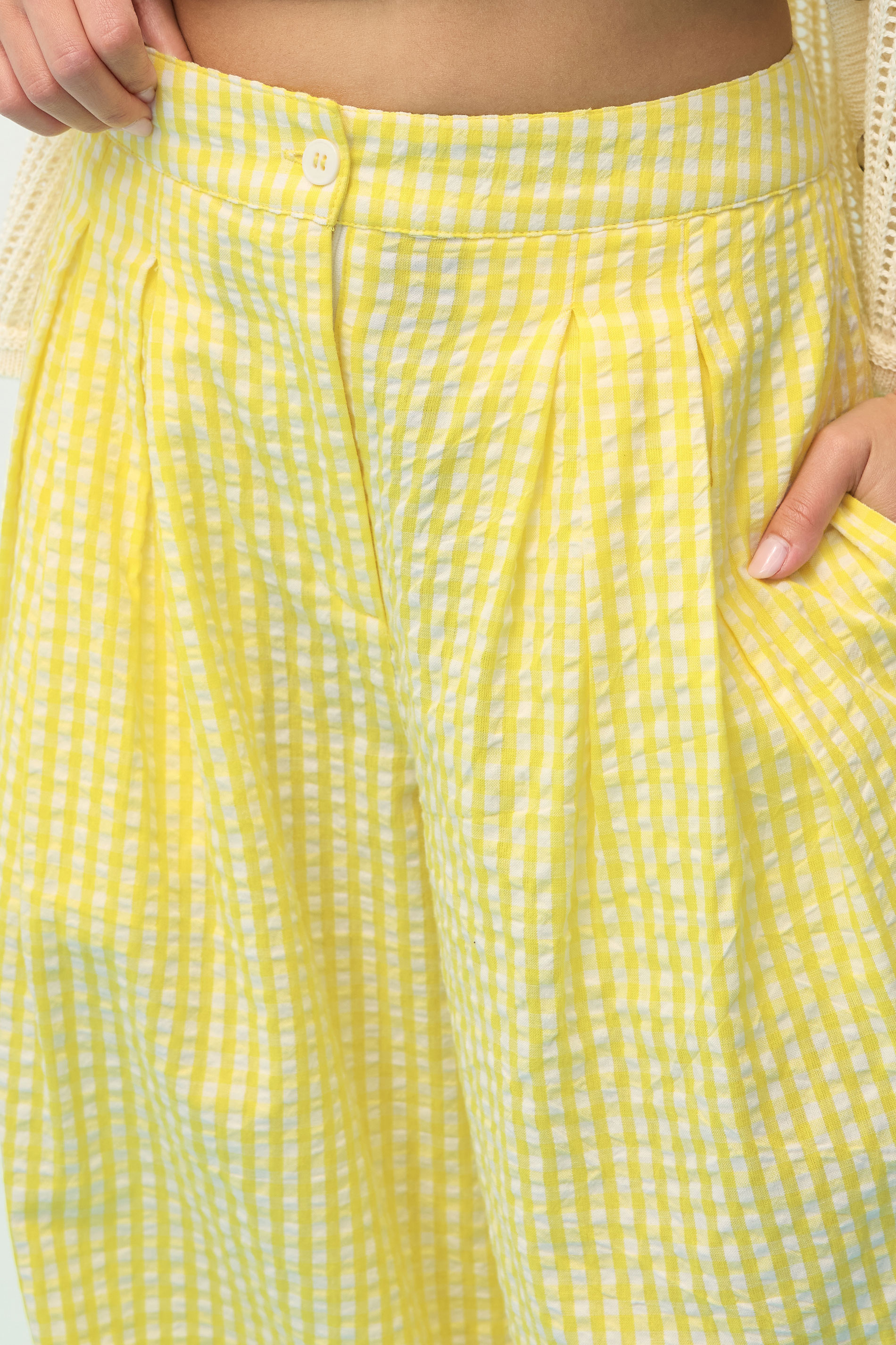 PixieGirl Petite Women's Yellow Cotton Gingham Palazzo Trousers | PixieGirl 5