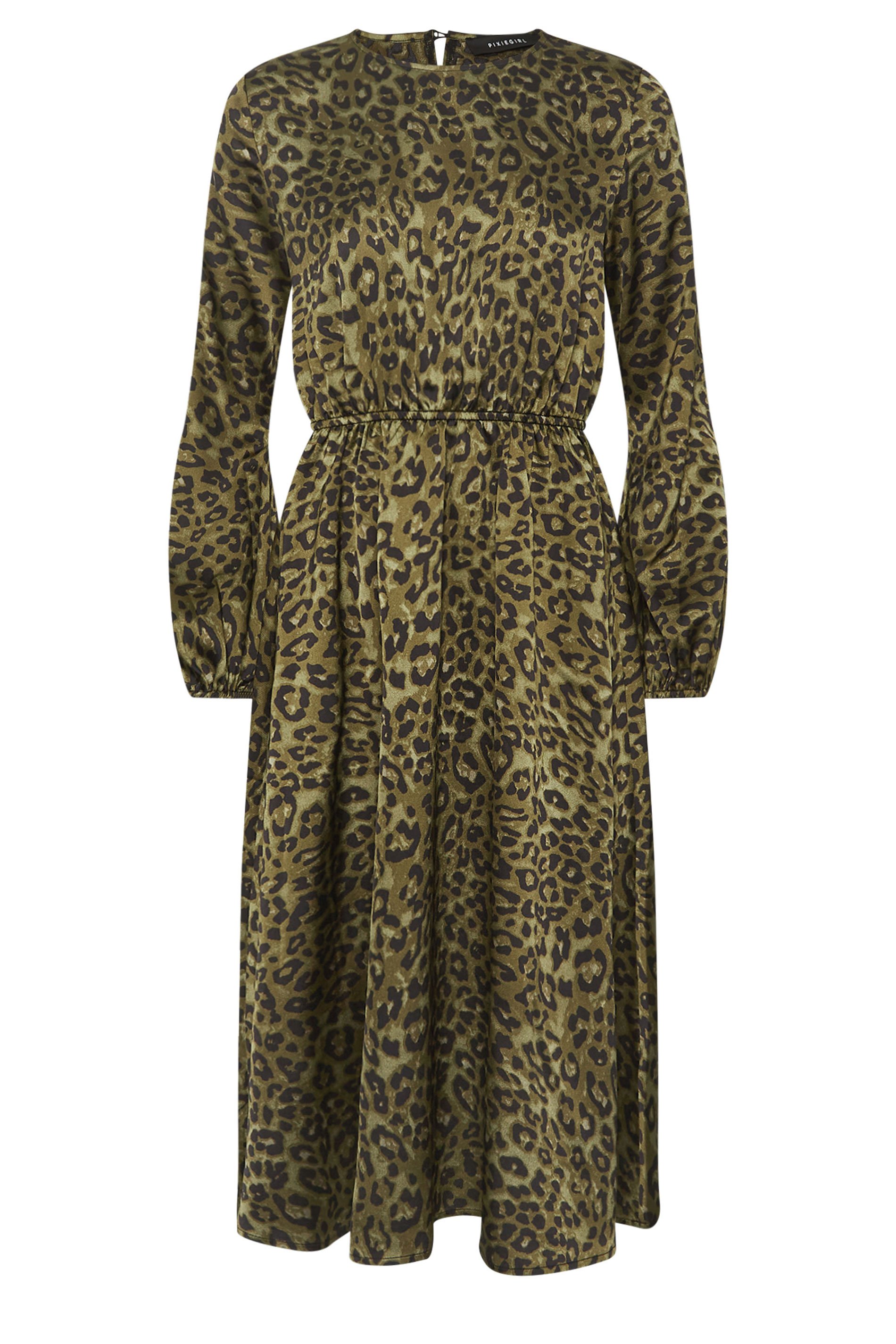 PixieGirl Petite Women's Khaki Green Leopard Print Satin Midi Dress | PixieGirl 7