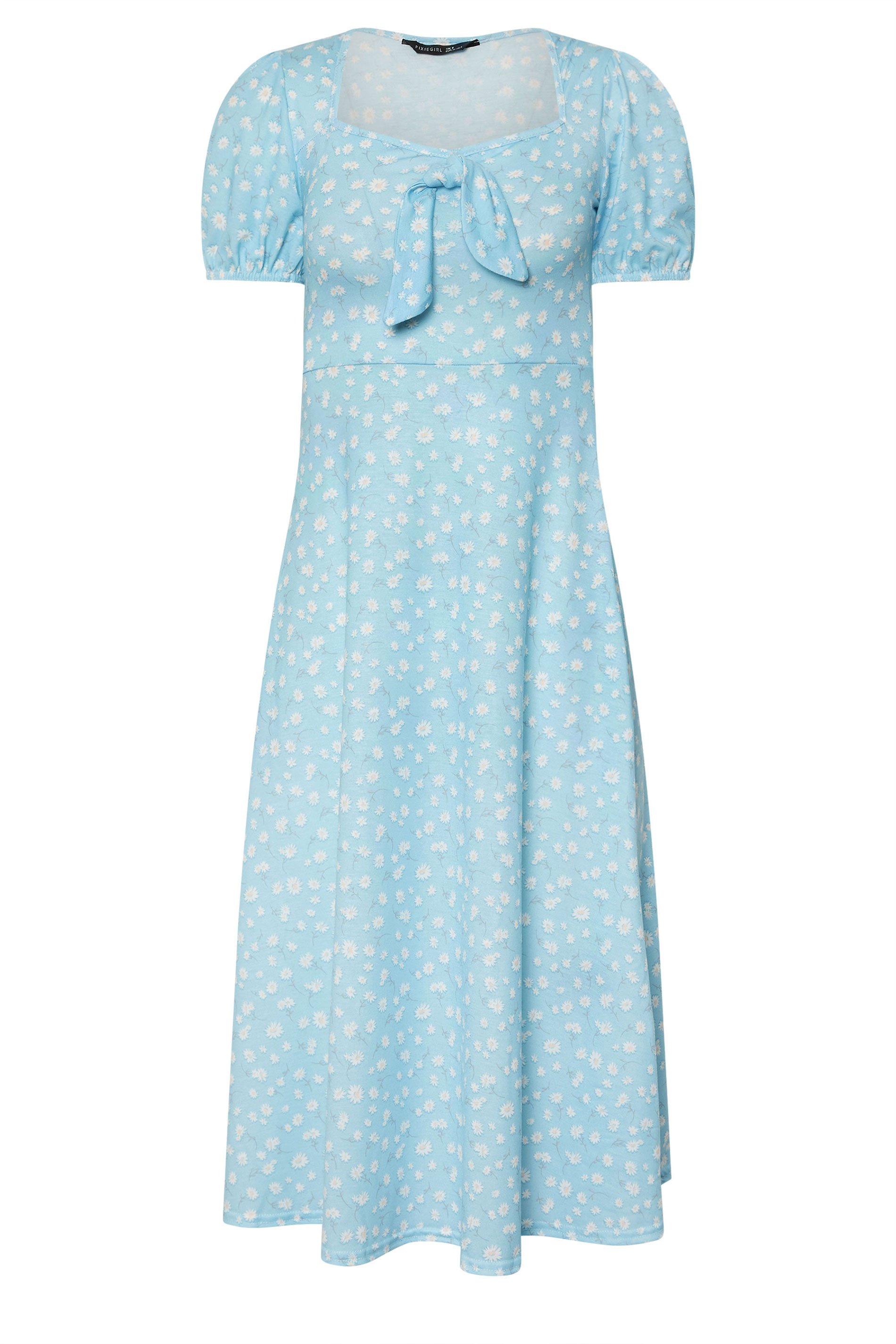 PixieGirl Petite Women's Blue Daisy Floral Tie Front Midi Dress | PixieGirl 6