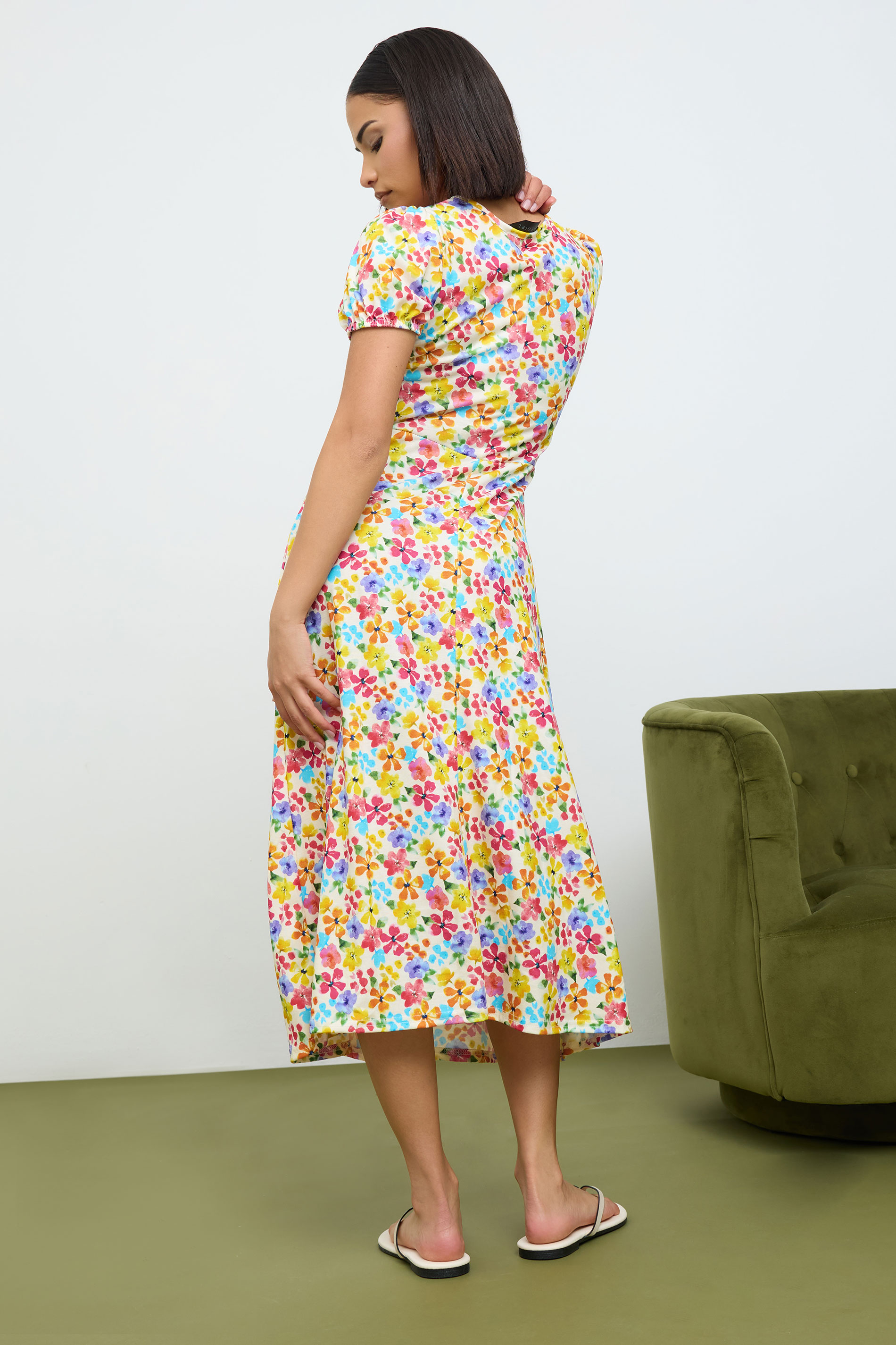 PixieGirl Petite Womens Pink & Yellow Floral Print Puff Sleeve Midi Dress | PixieGirl 3