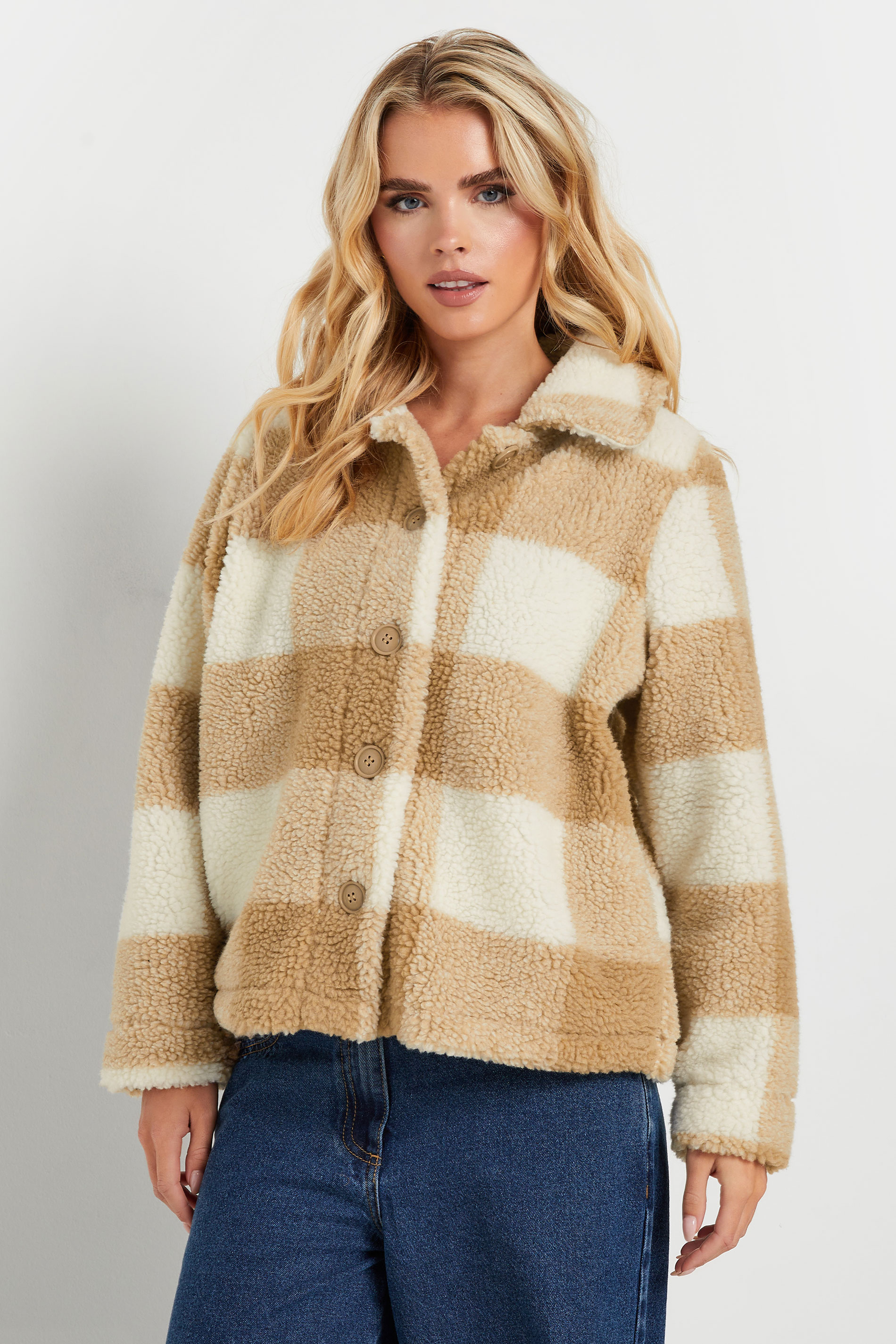 PixieGirl Petite Women's Natural Brown Check Teddy Fleece Jacket | PixieGirl 4
