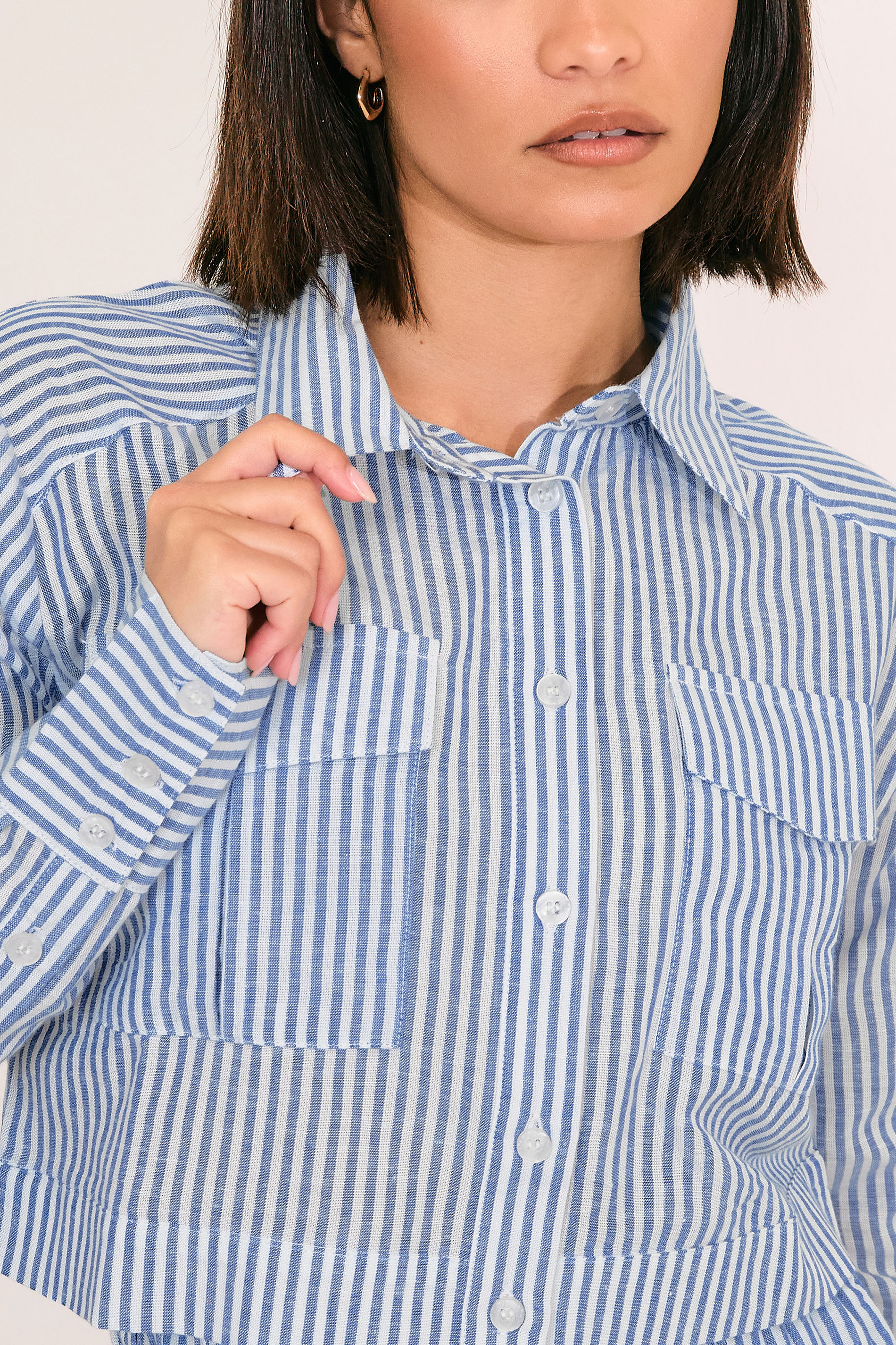 PixieGirl Petite Women's Blue Linen Striped Pocket Shirt | PixieGirl 5