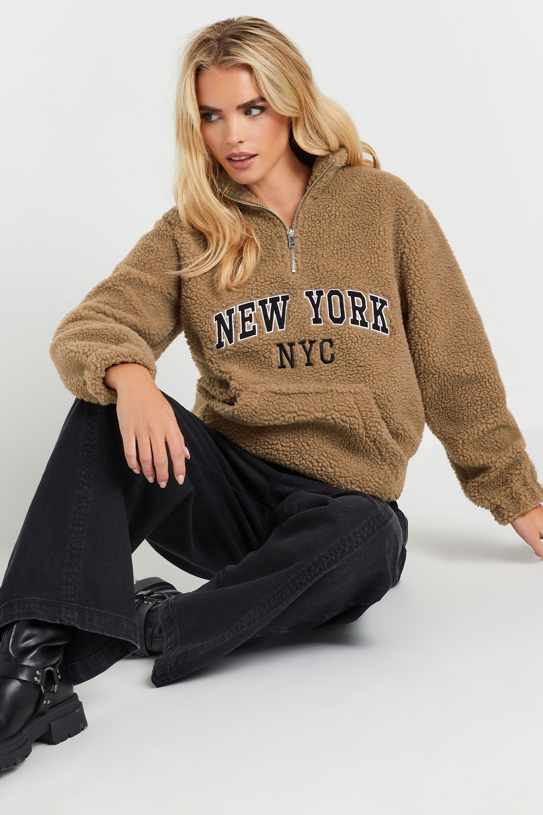 PixieGirl Petite Women's Beige Brown Slogan Half Zip Teddy Fleece | PixieGirl 1