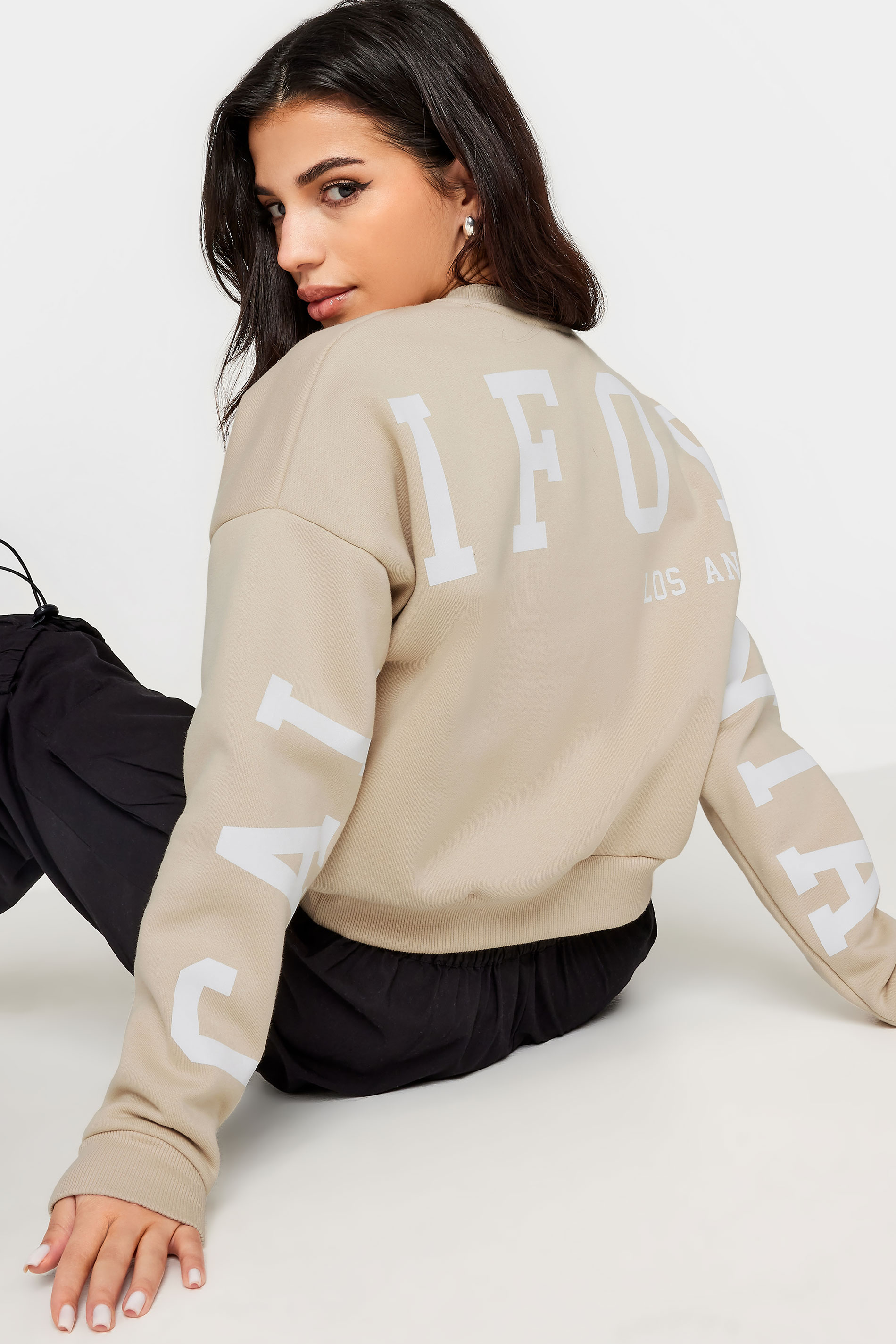 PixieGirl Petite Womens Stone Brown 'California' Slogan Cropped Sweatshirt | PixieGirl 4