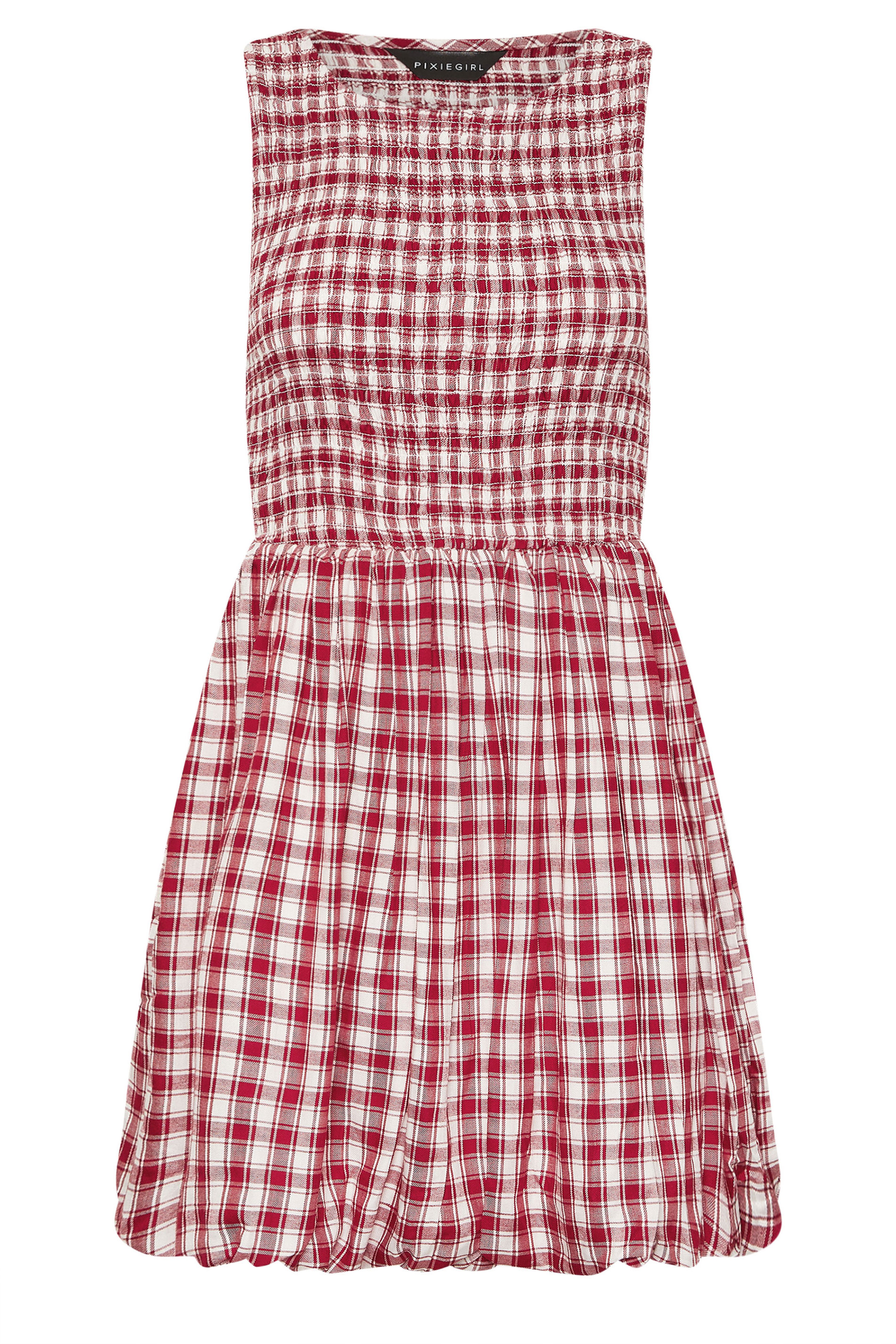 PixieGirl Petite Women's Red Gingham Shirred Bubble Hem Mini Dress | PixieGirl 7